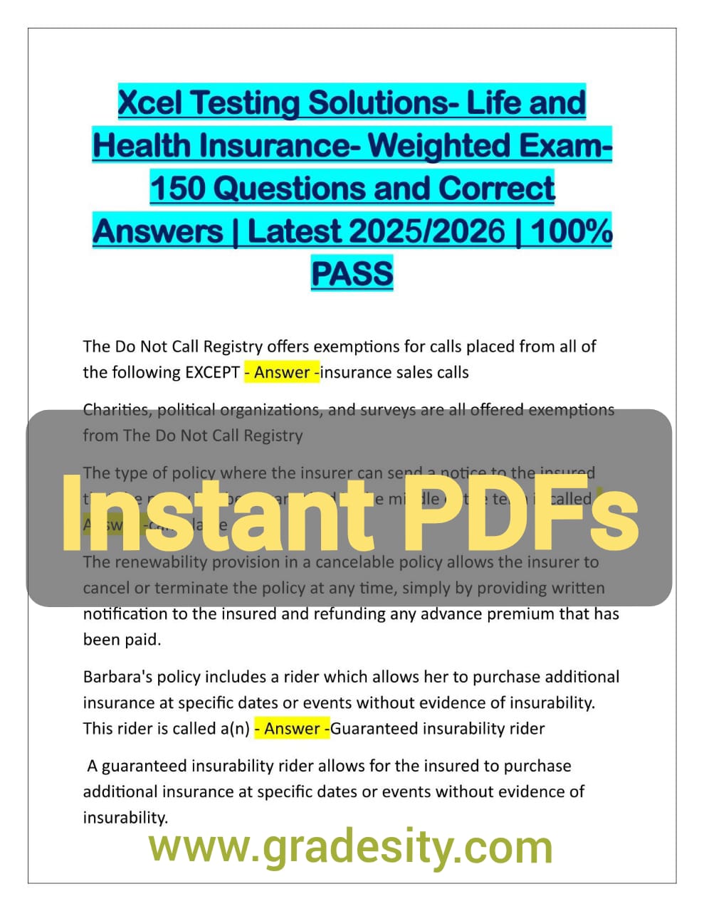 XCEL Life Insurance Solutions PDF EXAMS BUNDLE: Study Smarter and Pass Confidently!
