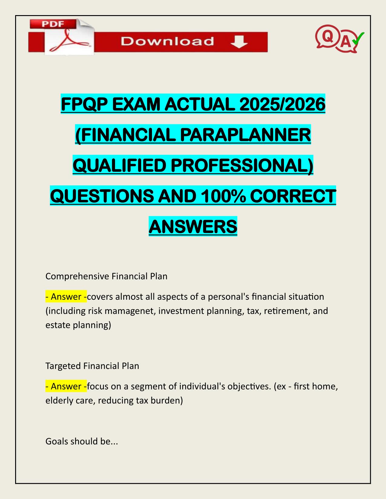 FPQP EXAM ACTUAL 2025/2026 (FINANCIAL PARAPLANNER QUALIFIED PROFESSIONAL) QUESTIONS AND 100% CORRECT ANSWERS