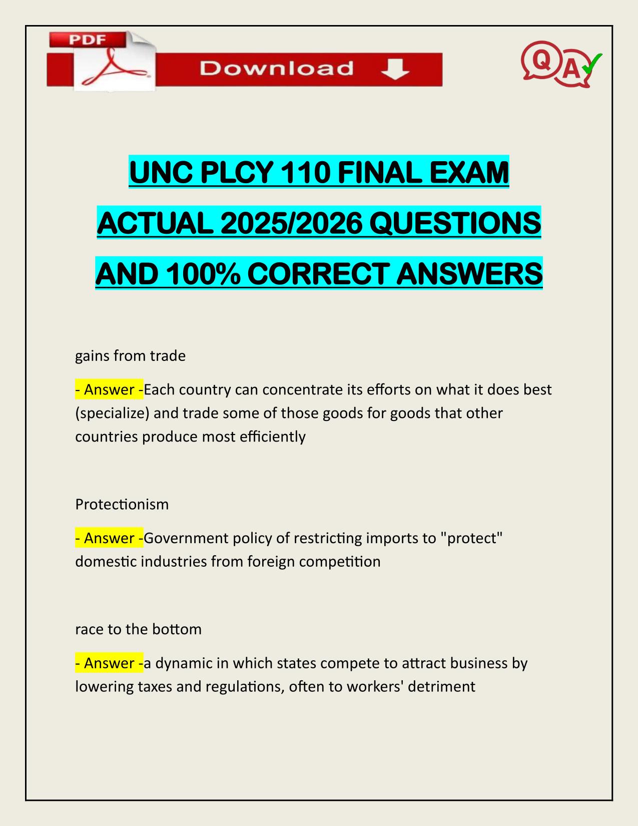 UNC PLCY 110 FINAL EXAM ACTUAL 2025/2026 QUESTIONS AND 100% CORRECT ANSWERS