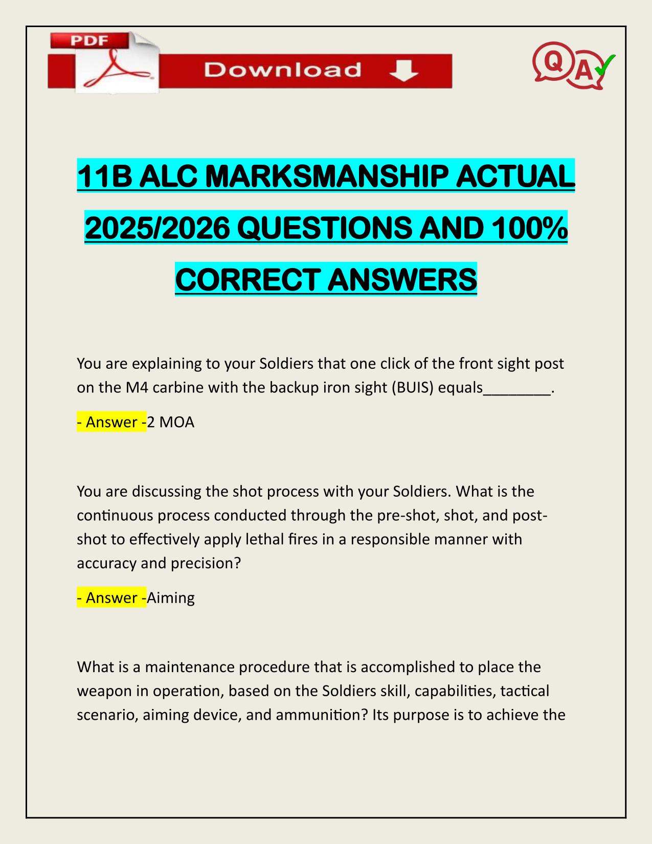 11B ALC MARKSMANSHIP ACTUAL 2025/2026 WITH CORRECT ANSWERS