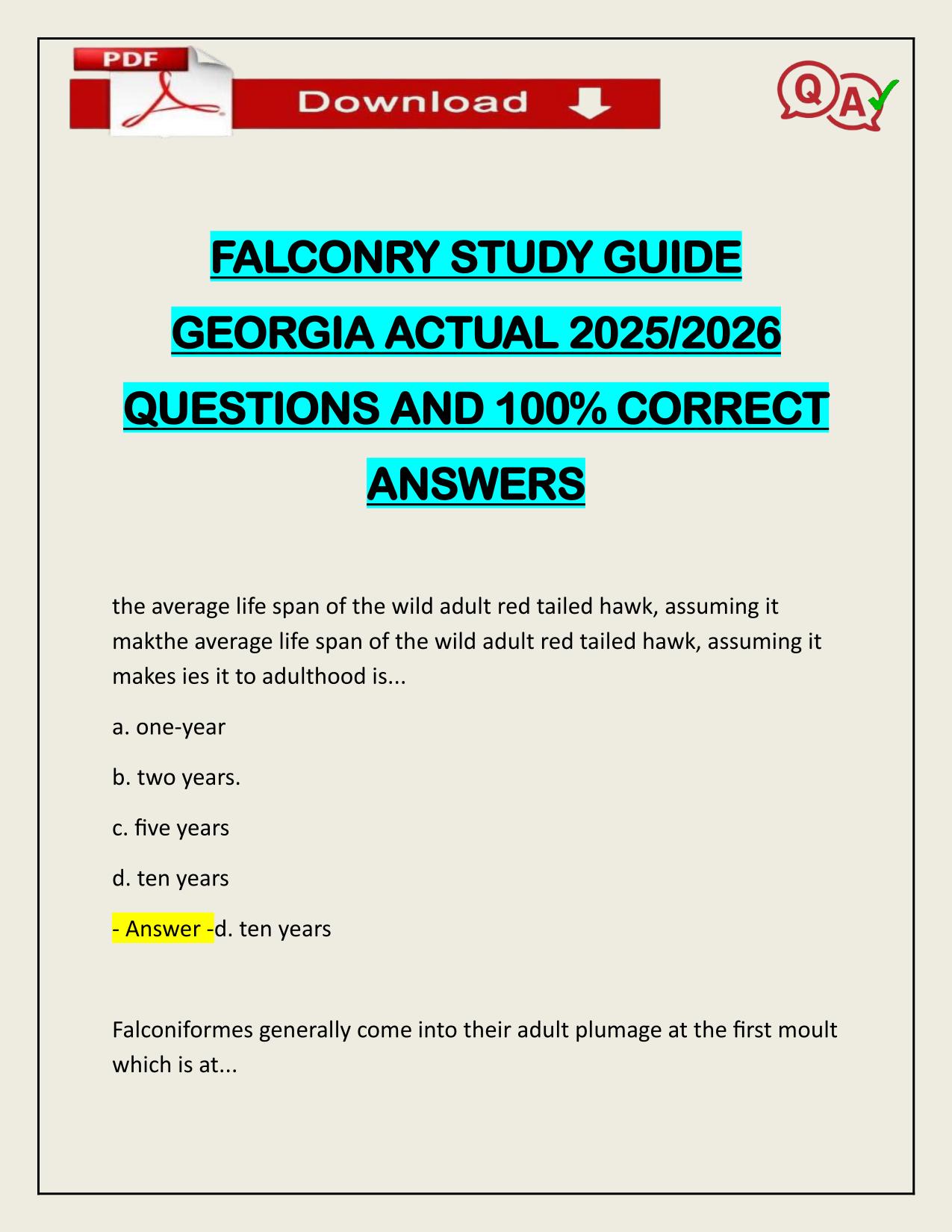 FALCONRY STUDY GUIDE GEORGIA ACTUAL 2025/2026 UPDATE