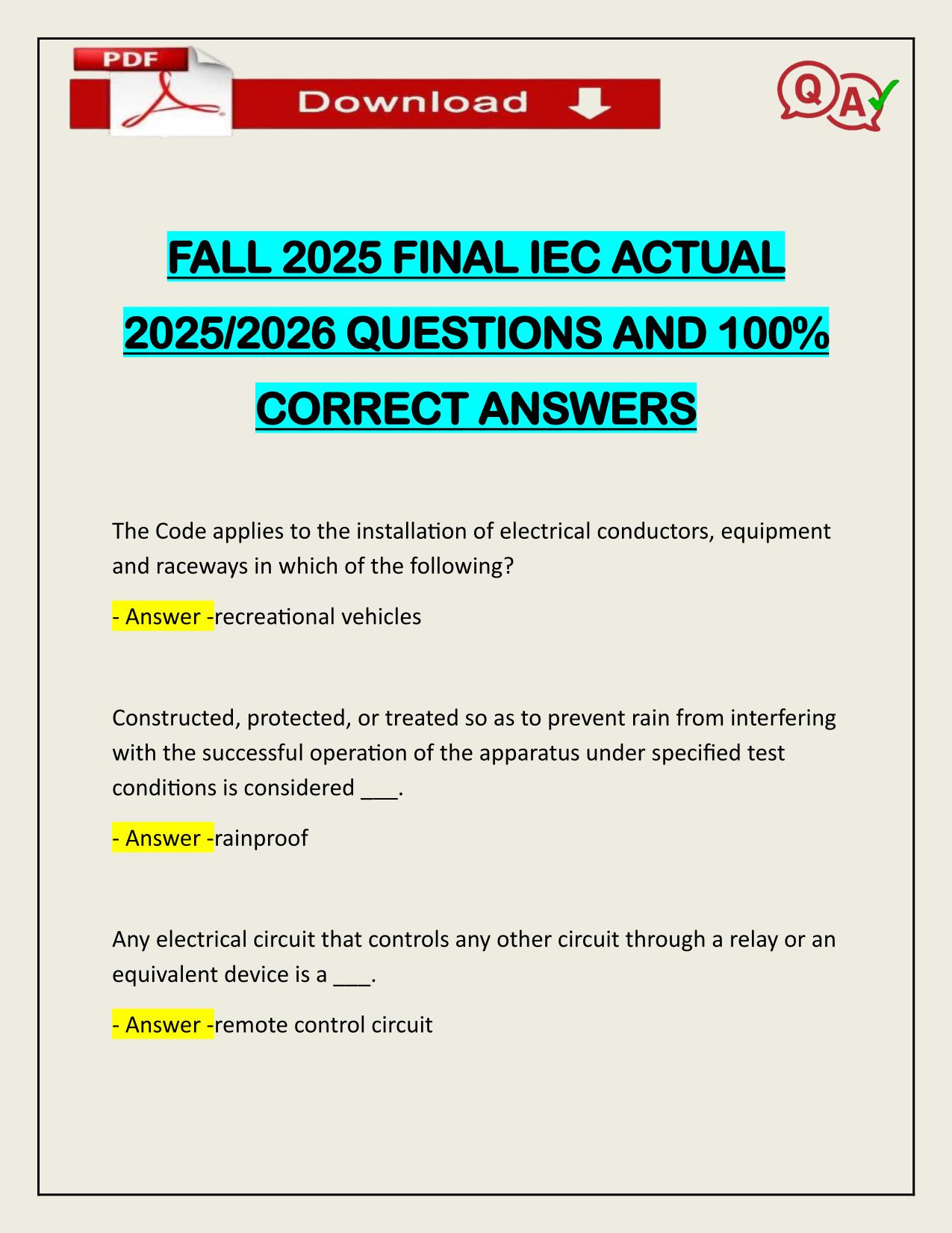 FALL 2025 FINAL IEC ACTUAL 2025/2026 WITH VERIFIED ANSWERS