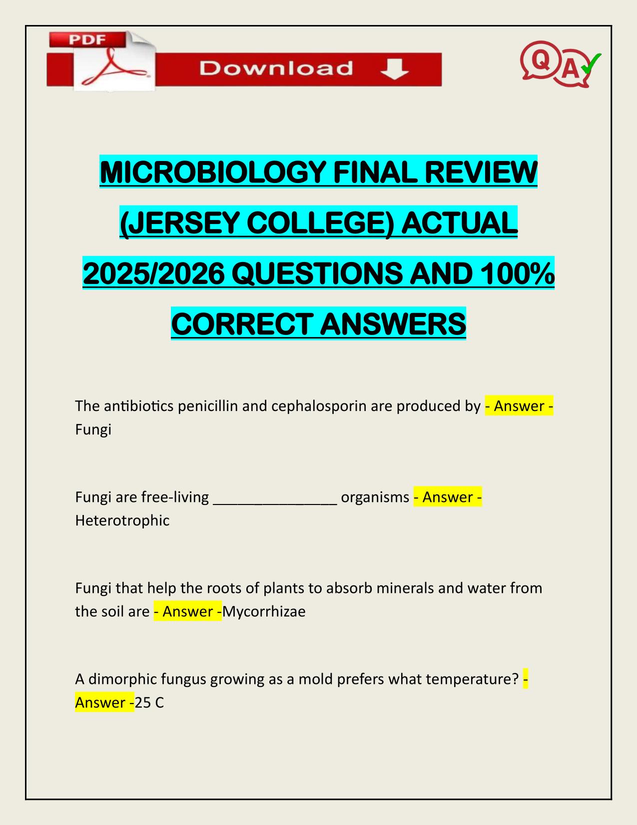 MICROBIOLOGY FINAL REVIEW (JERSEY COLLEGE) ACTUAL 2025/2026 WITH VERIFIED ANSWERS