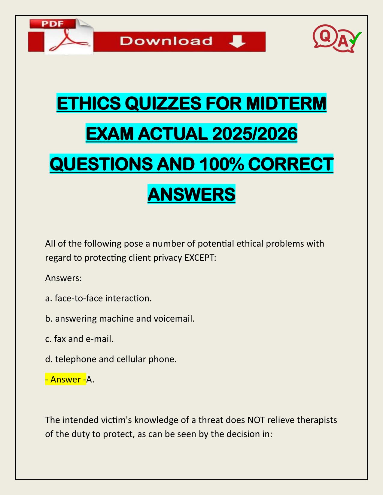 ETHICS QUIZZES FOR MIDTERM EXAM ACTUAL 2025/2026