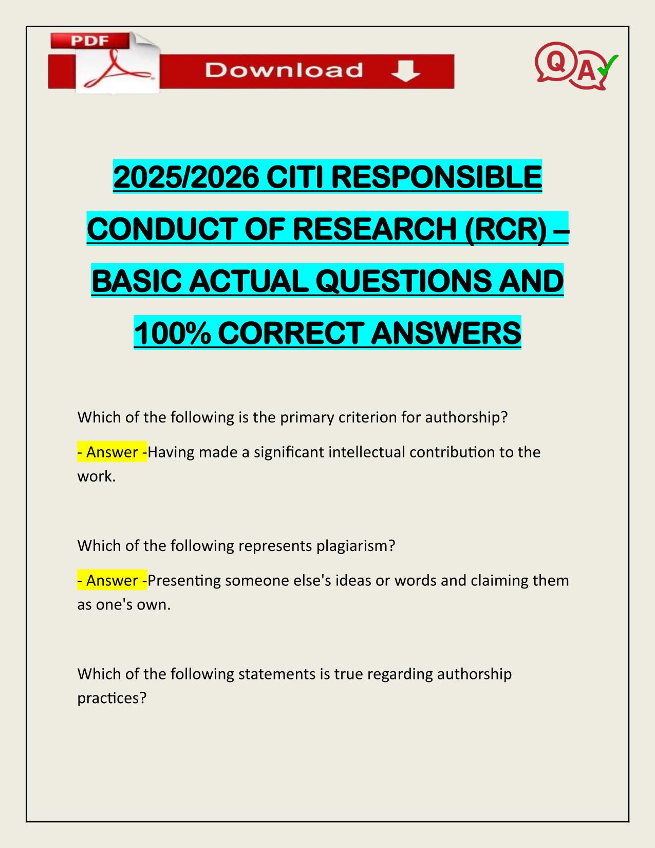 2025/2026 CITI RESPONSIBLE CONDUCT OF RESEARCH (RCR) – BASIC ACTUAL QUESTIONS AND 100% CORRECT ANSWERS