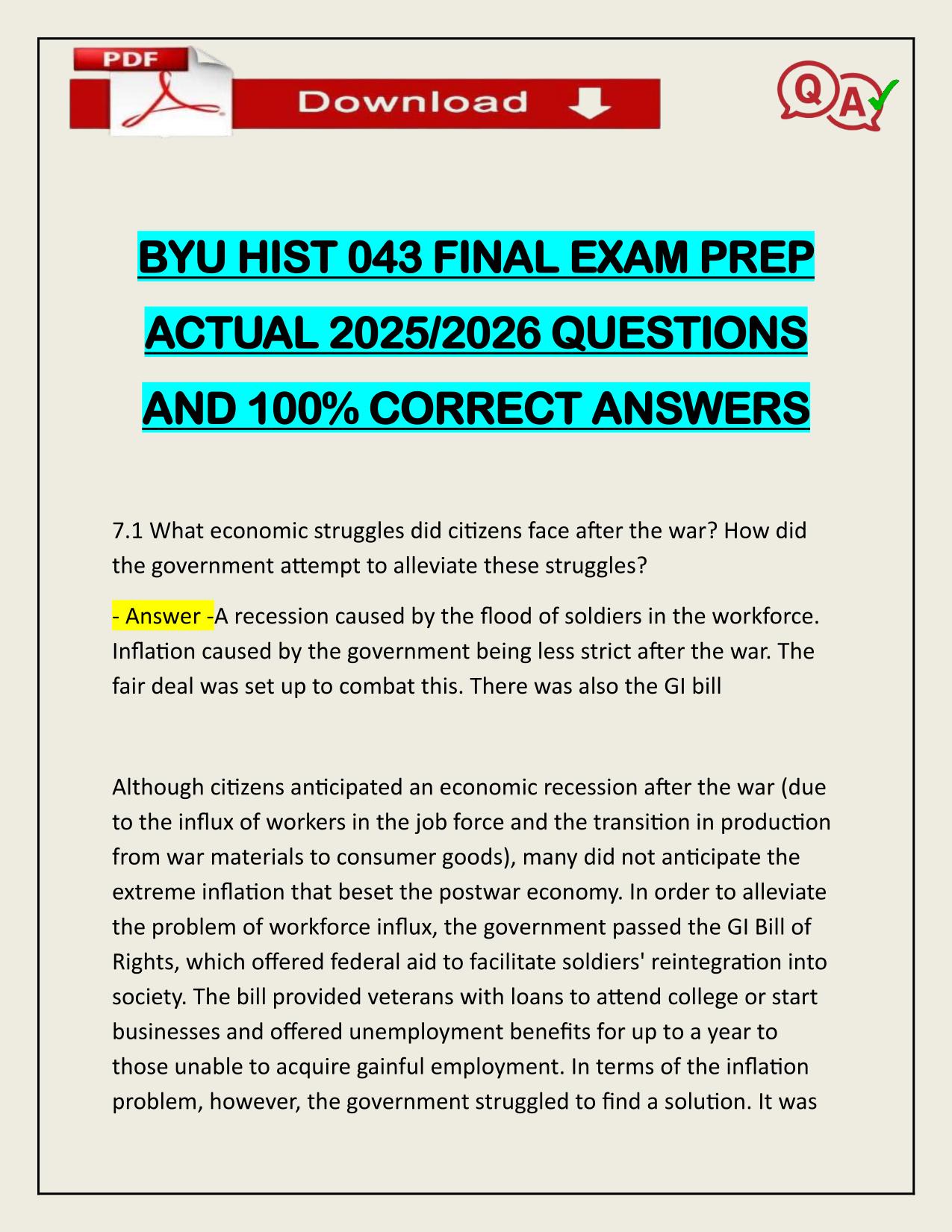 BYU HIST 043 FINAL EXAM PREP ACTUAL 2025/2026 LATEST UPDATE