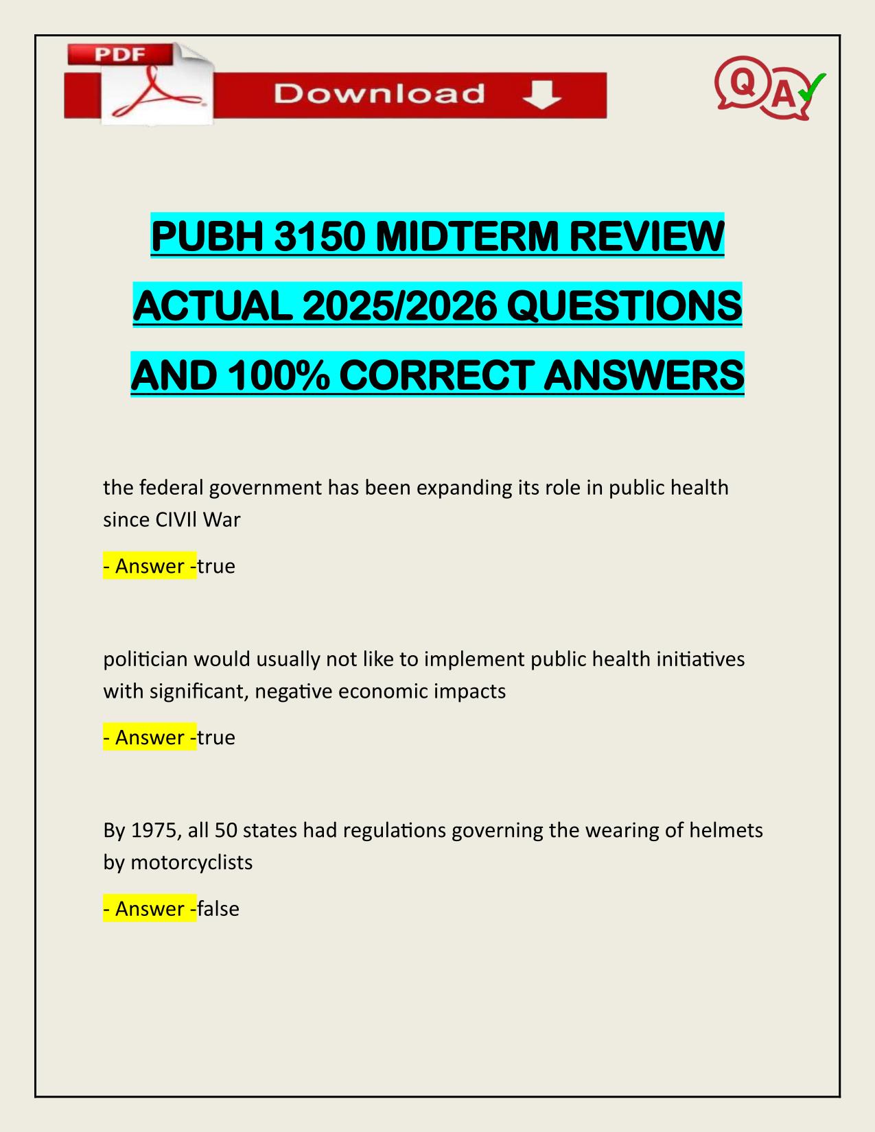 PUBH 3150 MIDTERM REVIEW ACTUAL 2025/2026 LATEST UPDATE