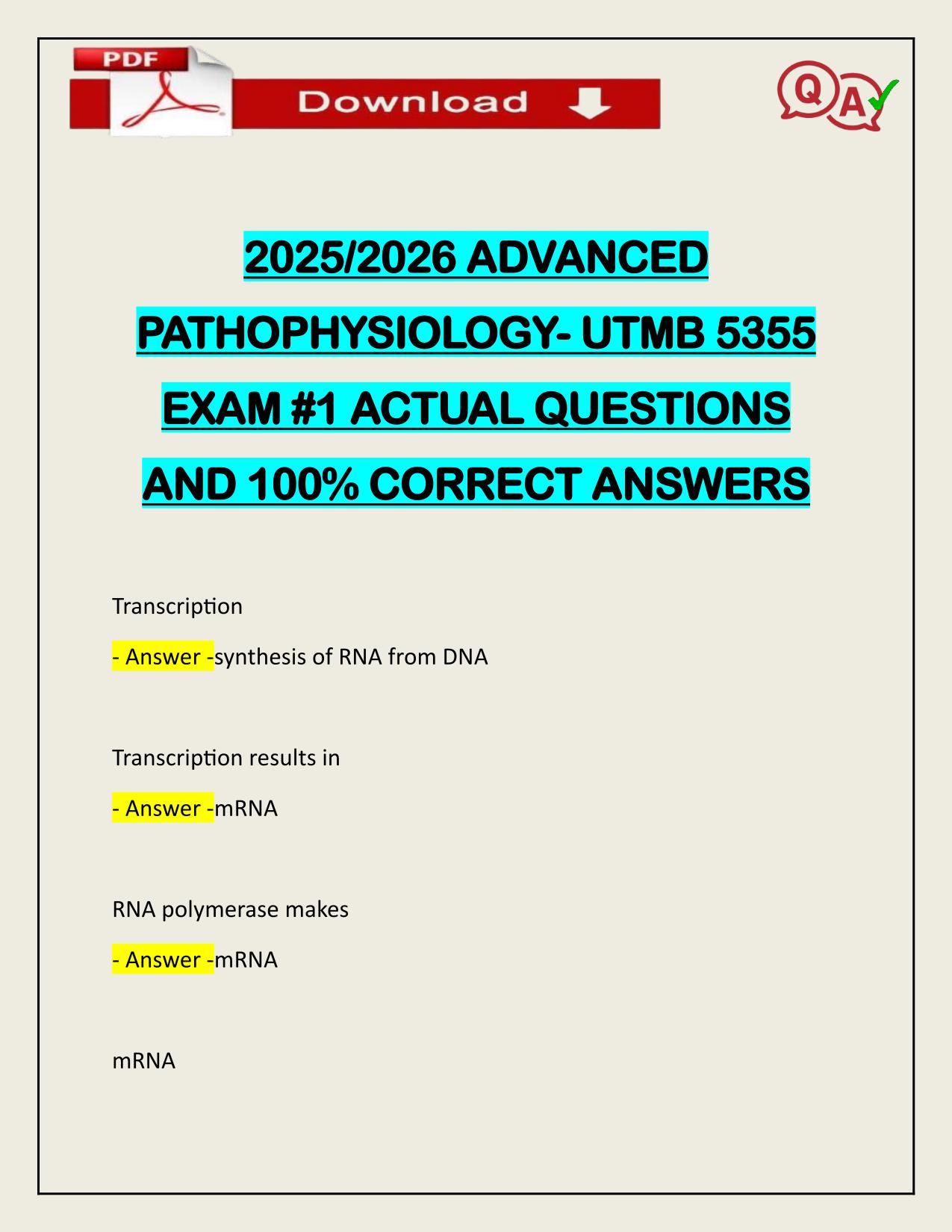 2025/2026 ADVANCED PATHOPHYSIOLOGY- UTMB 5355 EXAM #1 ACTUAL Q&A