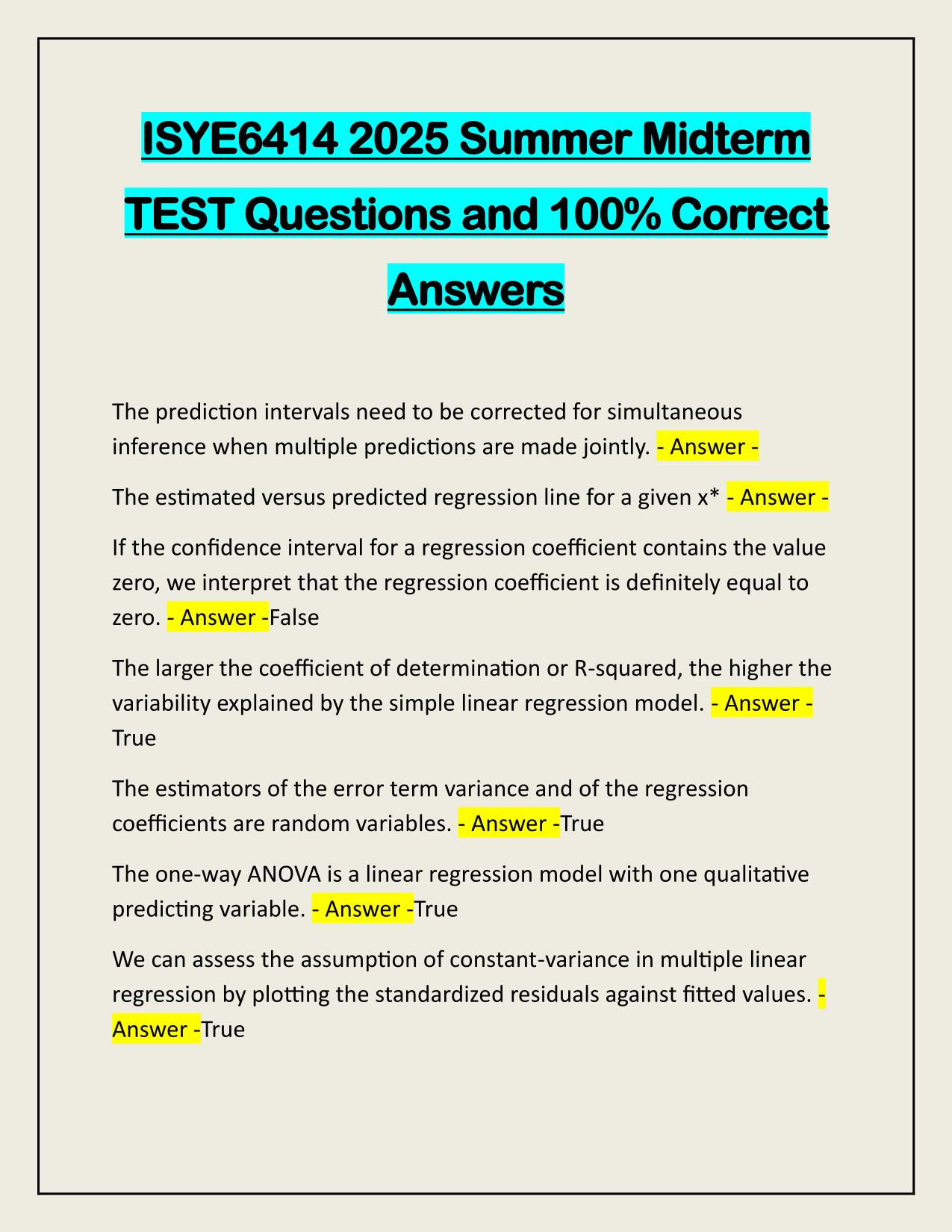 ISYE6414 2025 Summer Midterm TEST Questions and 100% Correct Answers