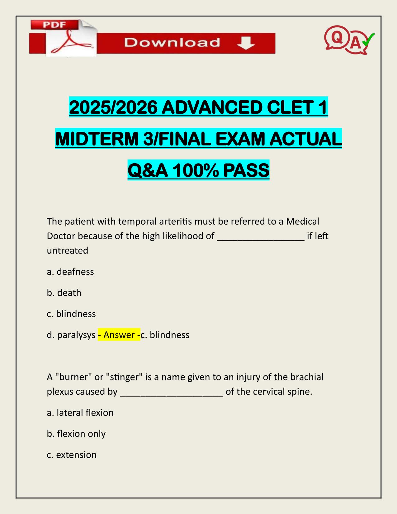 2025/2026 ADVANCED CLET 1 MIDTERM 3/FINAL EXAM ACTUAL Q&A 100% PASS