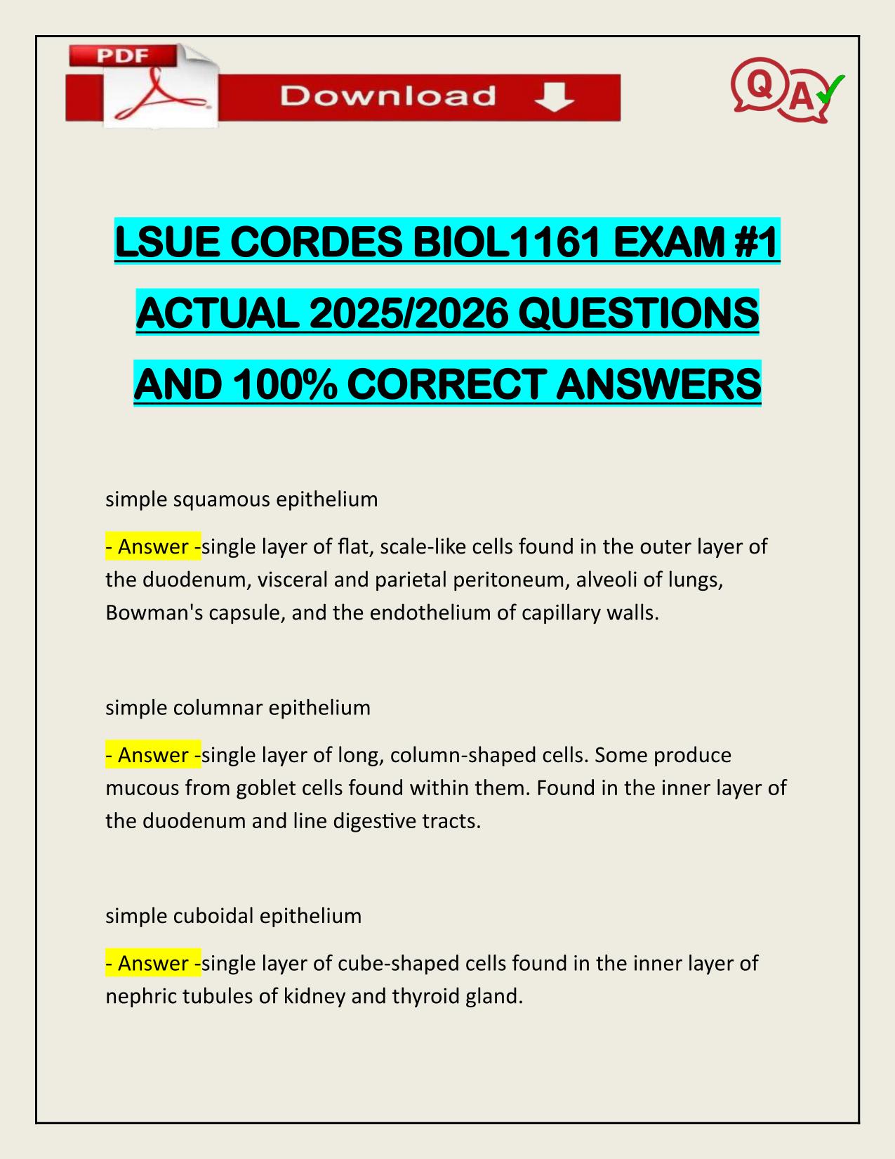 LSUE CORDES BIOL1161 EXAM #1 ACTUAL 2025/2026 QUESTIONS AND 100% CORRECT ANSWERS