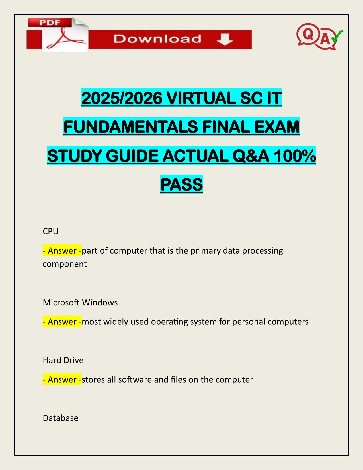 2025/2026 VIRTUAL SC IT FUNDAMENTALS FINAL EXAM STUDY GUIDE ACTUAL Q&A 100% PASS