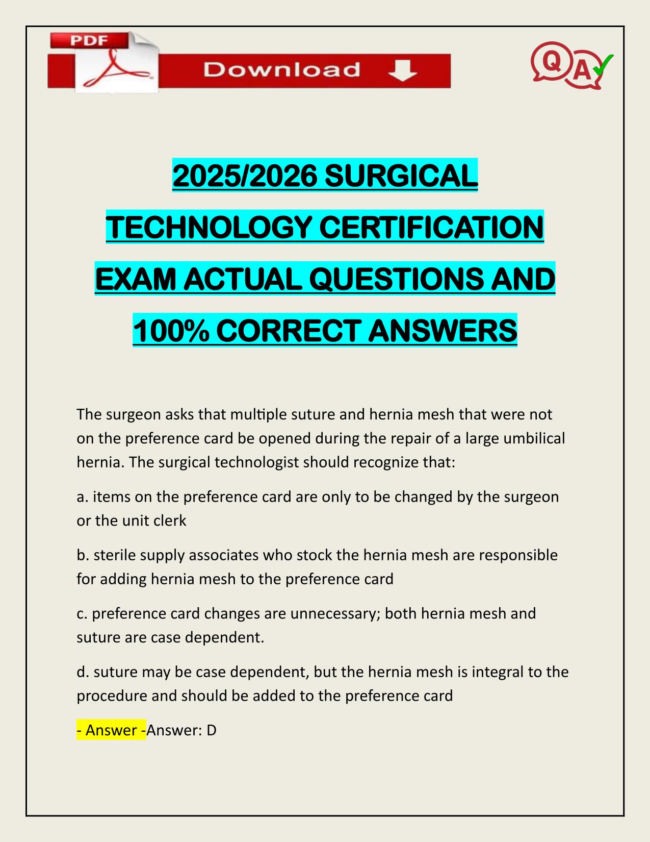 BUNDLE FOR SURGICAL TECHNOLOGY EXAMS ACTUAL 2025/2026 Q&A 100% PASS
