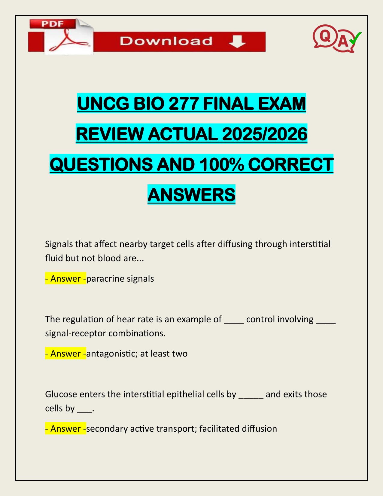 UNCG BIO 277 FINAL EXAM REVIEW ACTUAL 2025/2026