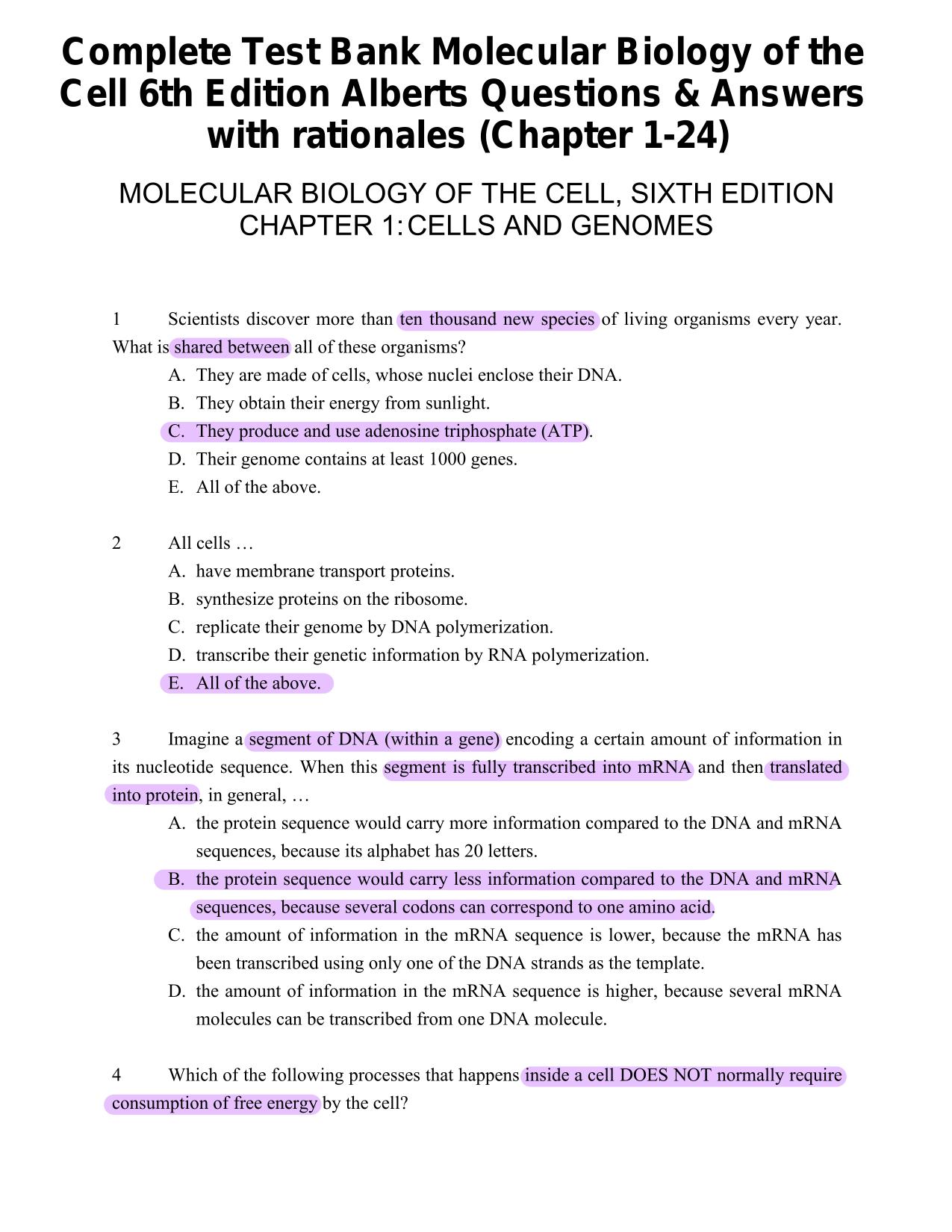 Complete Test Bank Molecular Biology of the Cell 6th Edition Alberts WITH RATIONALES ALL 24 CHAPTERS