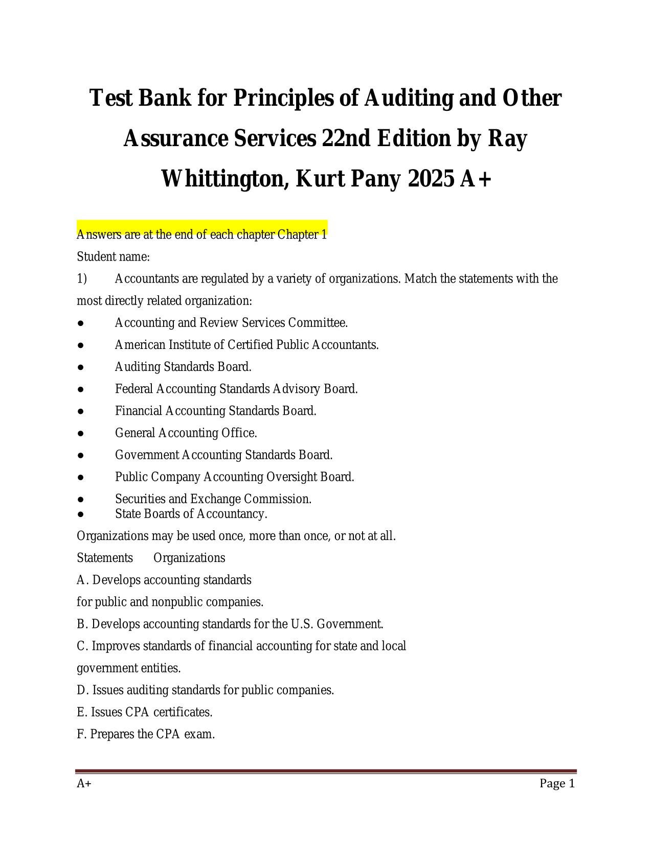Test Bank for Principles of Auditing and Other Assurance Services 22nd Edition by Ray Whittington Latest 2025 ISBN 978-1264111817