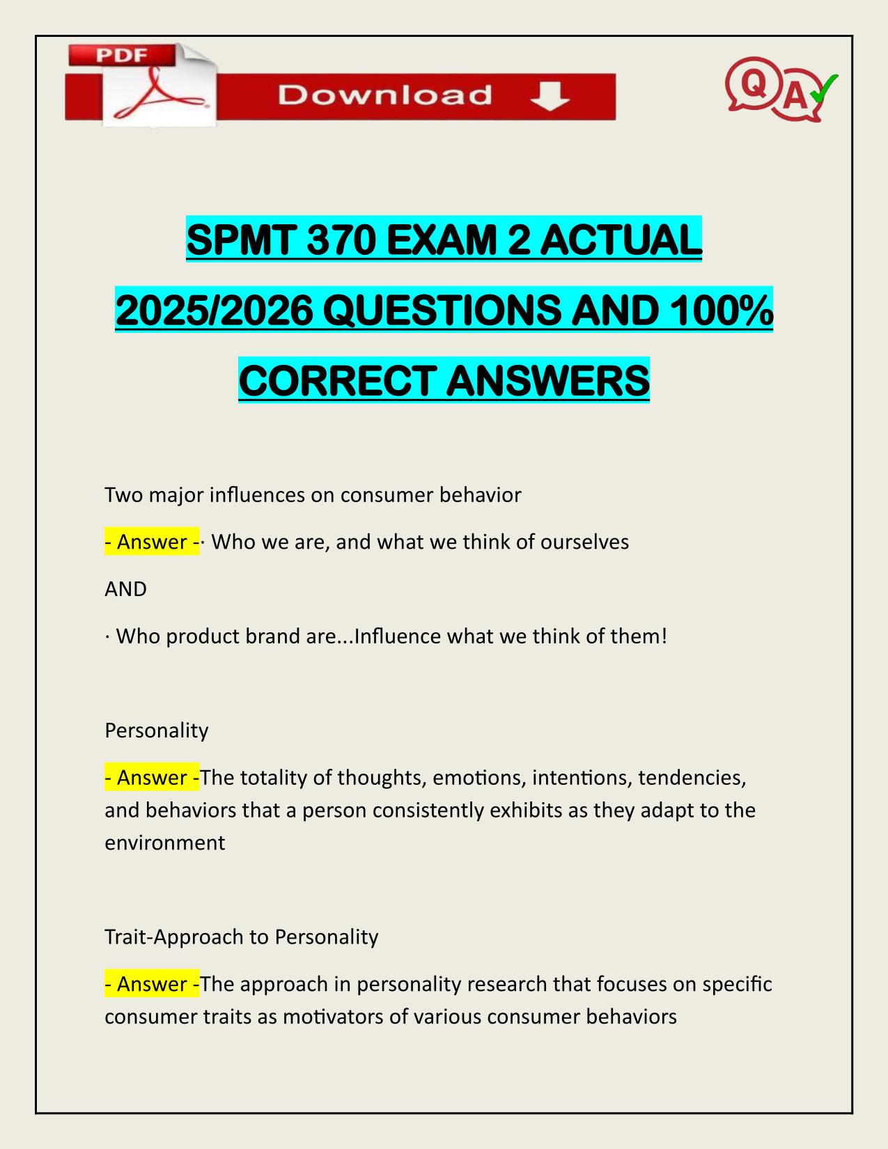 SPMT 370 EXAM 2 ACTUAL 2025/2026 CORRECTLY ANSWERED