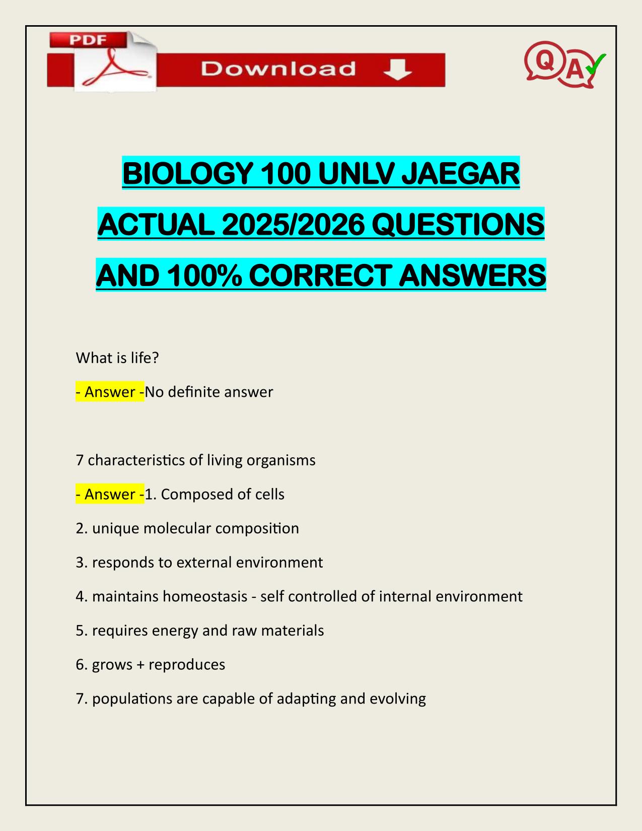 BIOLOGY 100 UNLV JAEGAR ACTUAL 2025/2026 WITH VERIFIED ANSWERS