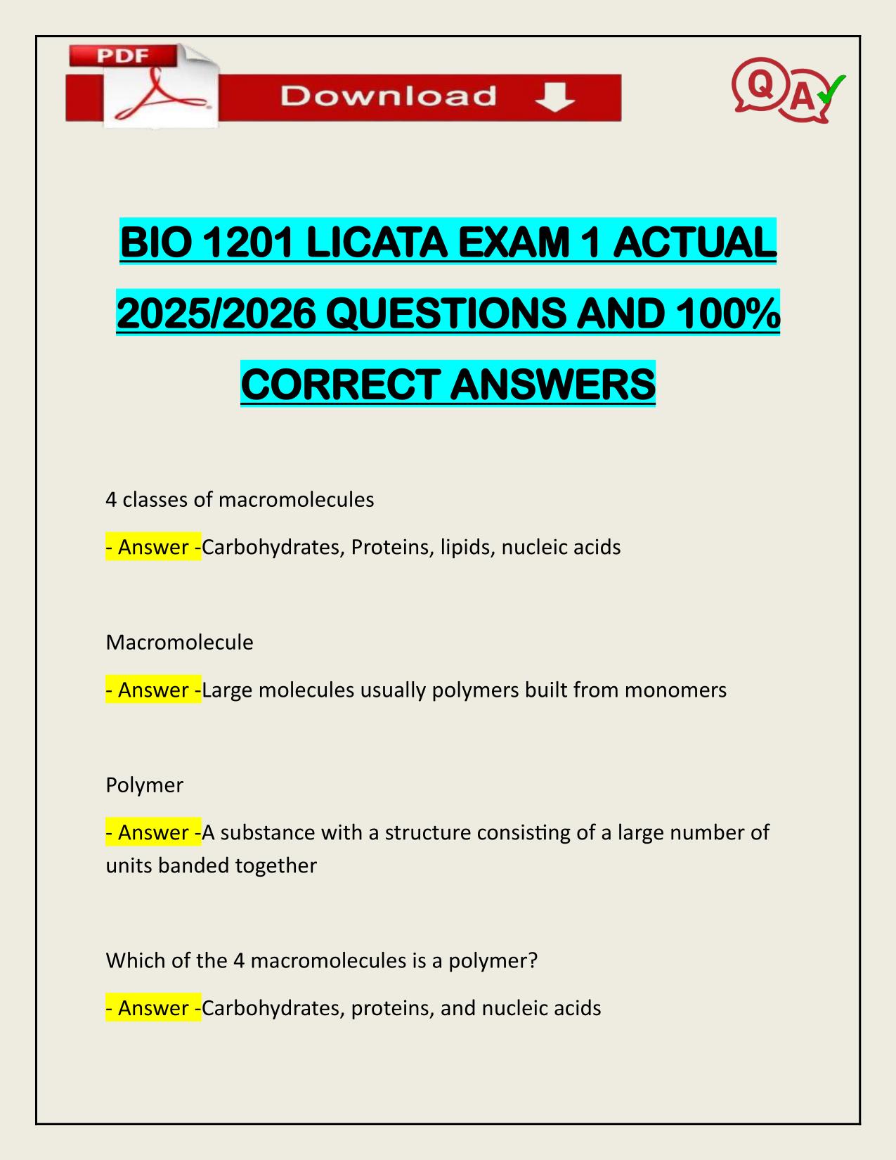 BIO 1201 LICATA EXAM 1 ACTUAL 2025/2026 CORRECTLY ANSWERED