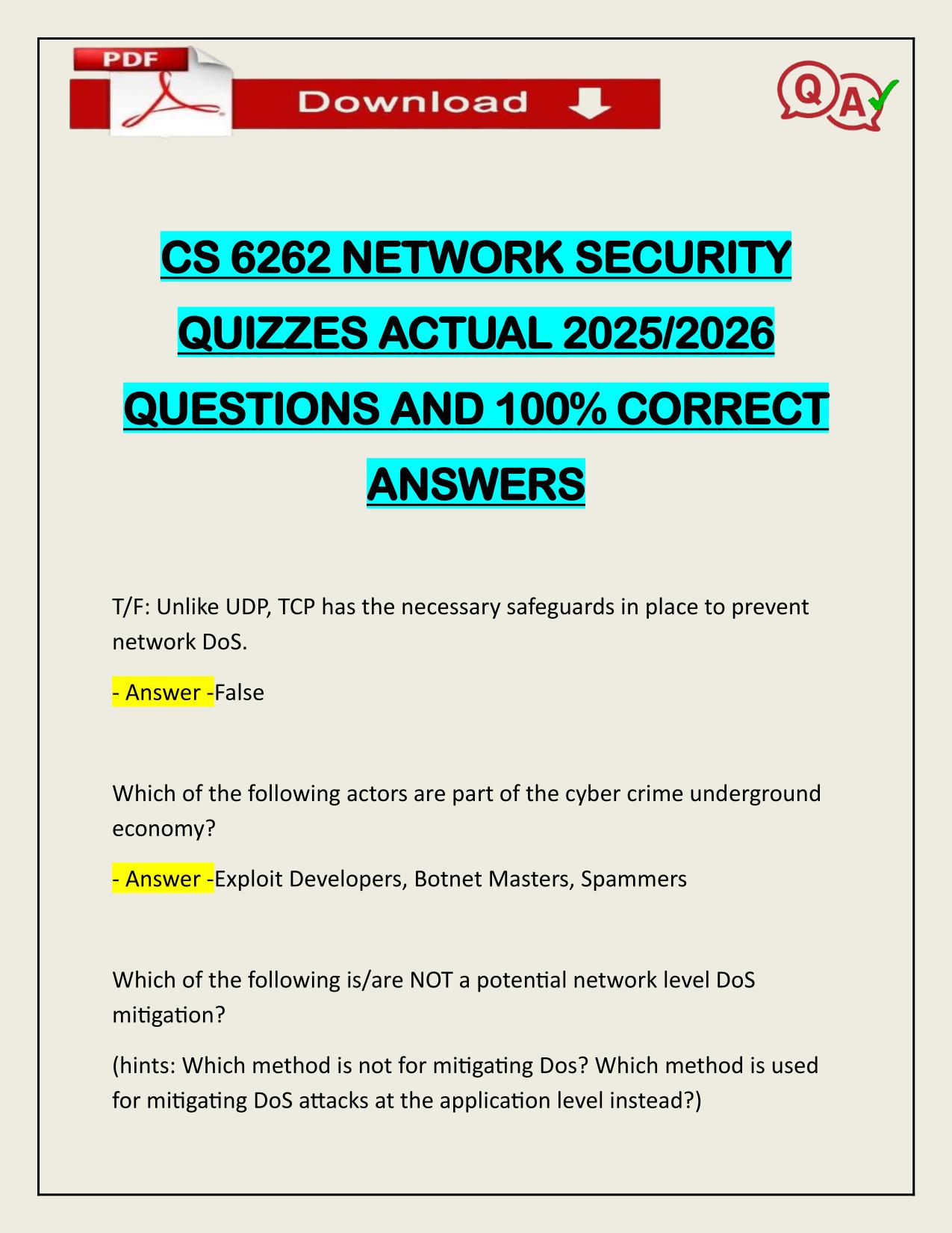 CS 6262 NETWORK SECURITY QUIZZES ACTUAL 2025/2026 Q&A