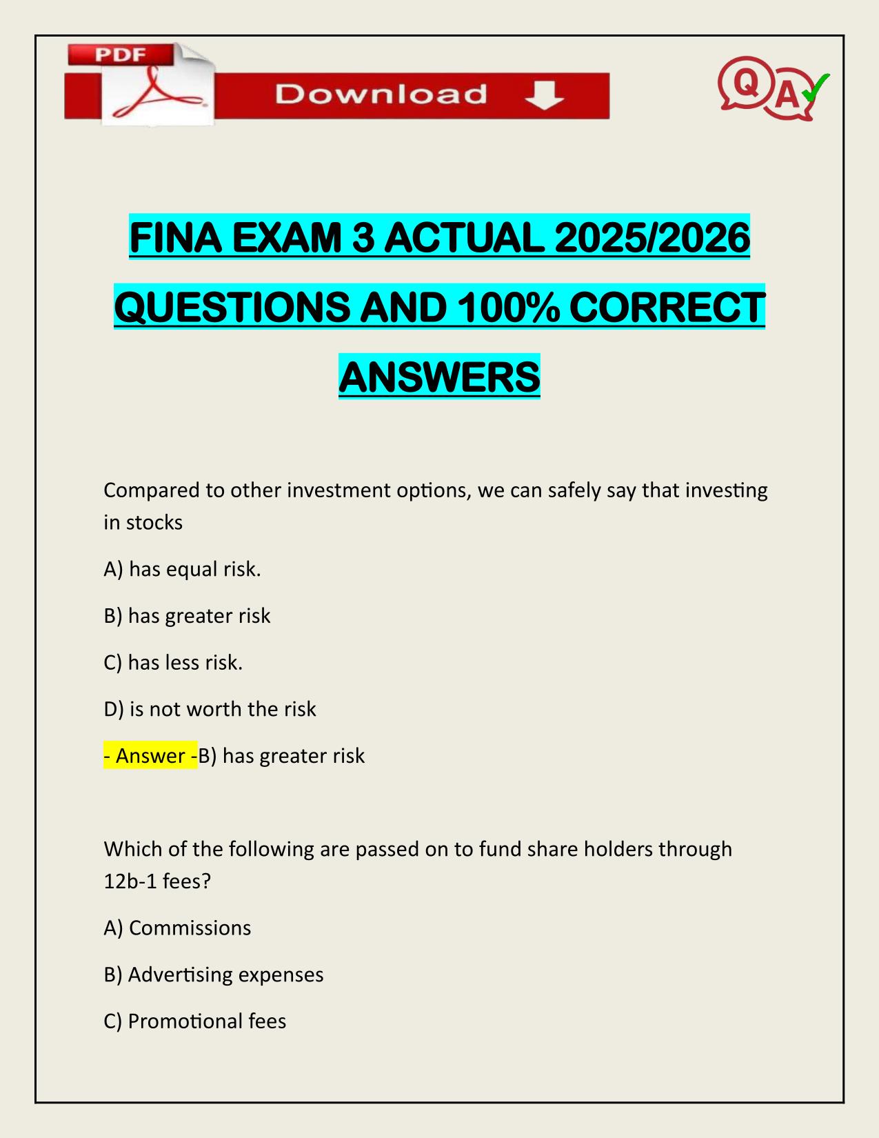 FINA EXAM 3 ACTUAL 2025/2026 CORRECTLY ANSWERED