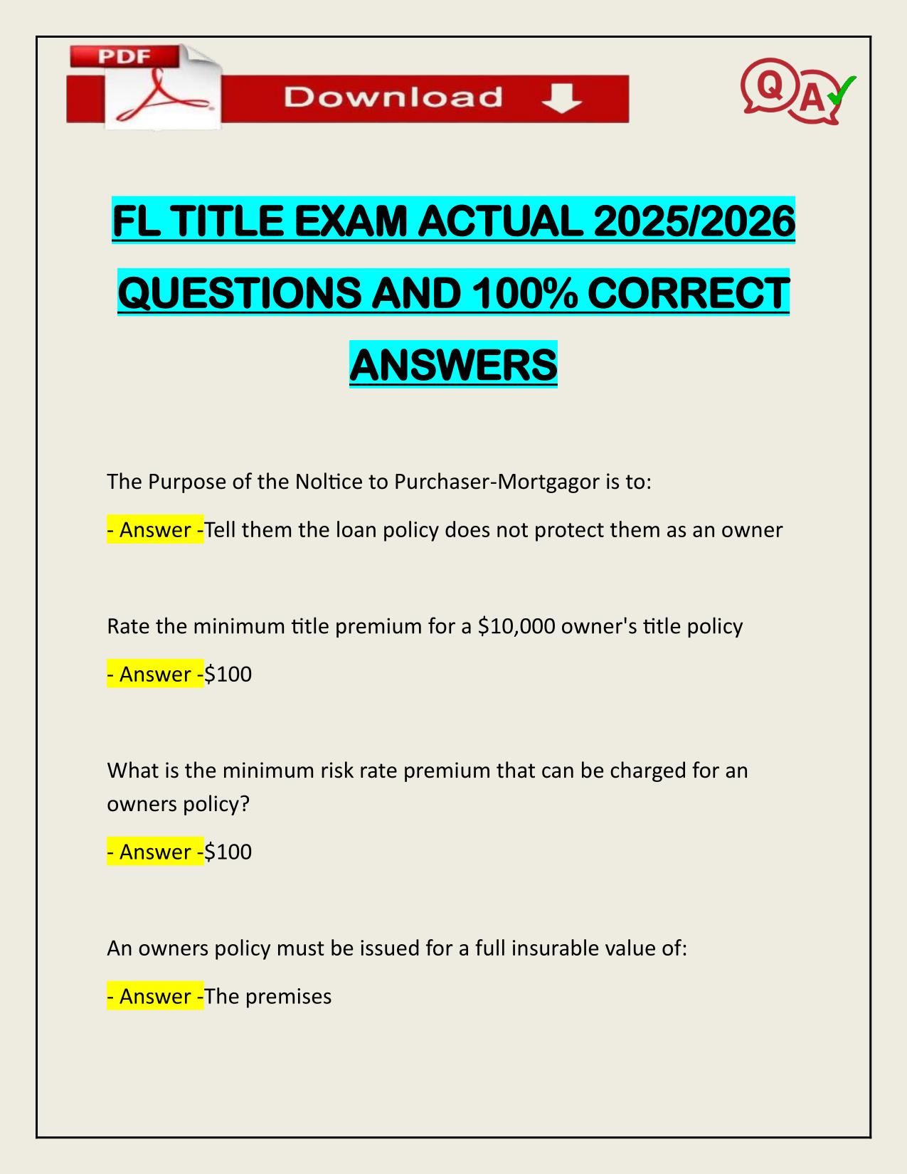 FL TITLE EXAM ACTUAL 2025/2026 CORRECTLY ANSWERED