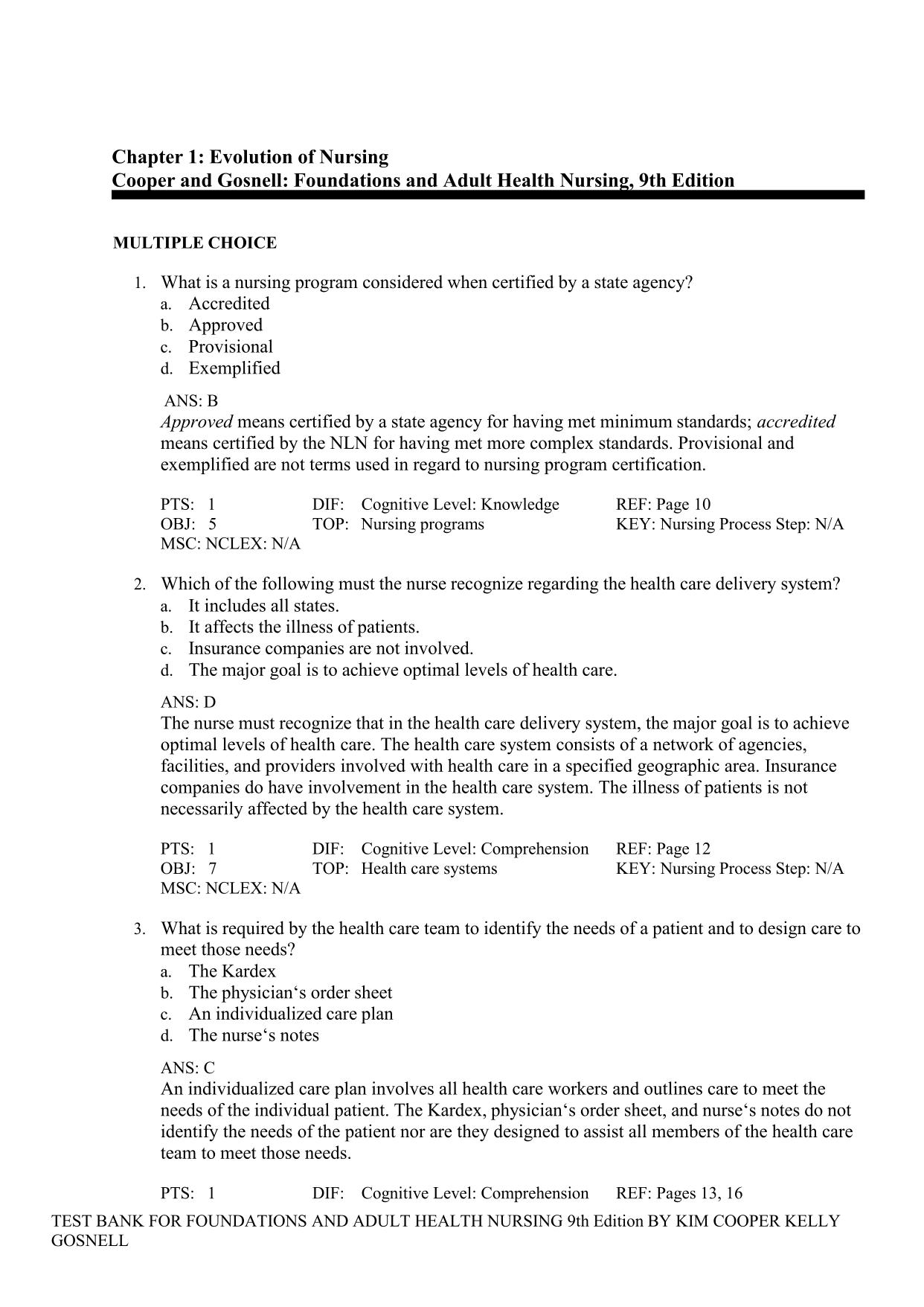 Test Bank Foundations and Adult Health Nursing 9th Edition Cooper Latest Update 2025 ISBN: 9781974812943
