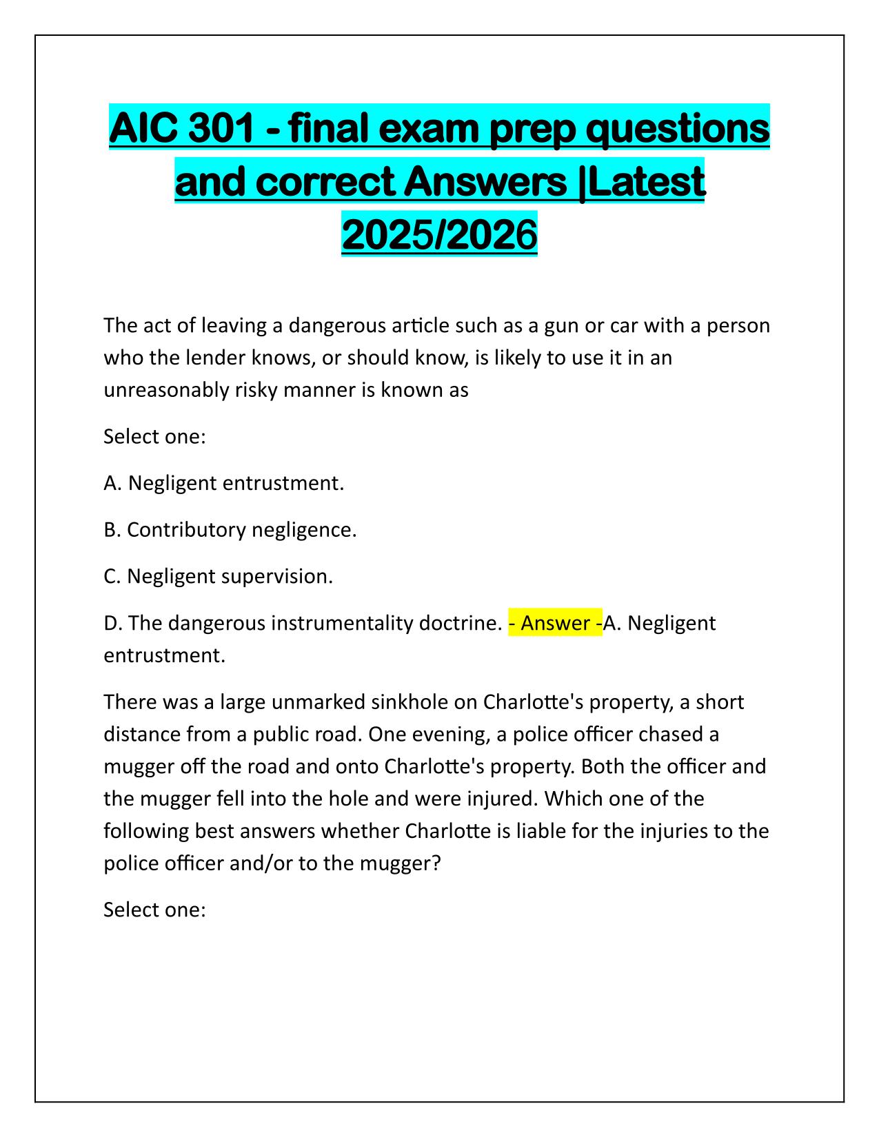 AIC 301 - final exam prep Q&A Latest Update