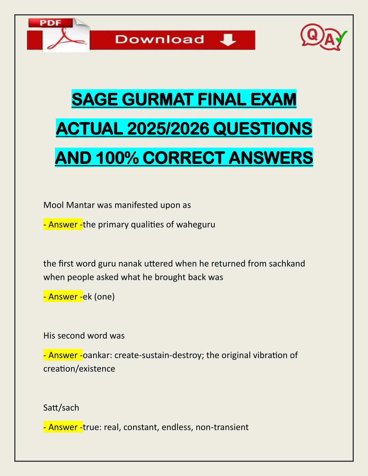 SAGE GURMAT FINAL EXAM ACTUAL 2025/2026 Q&A