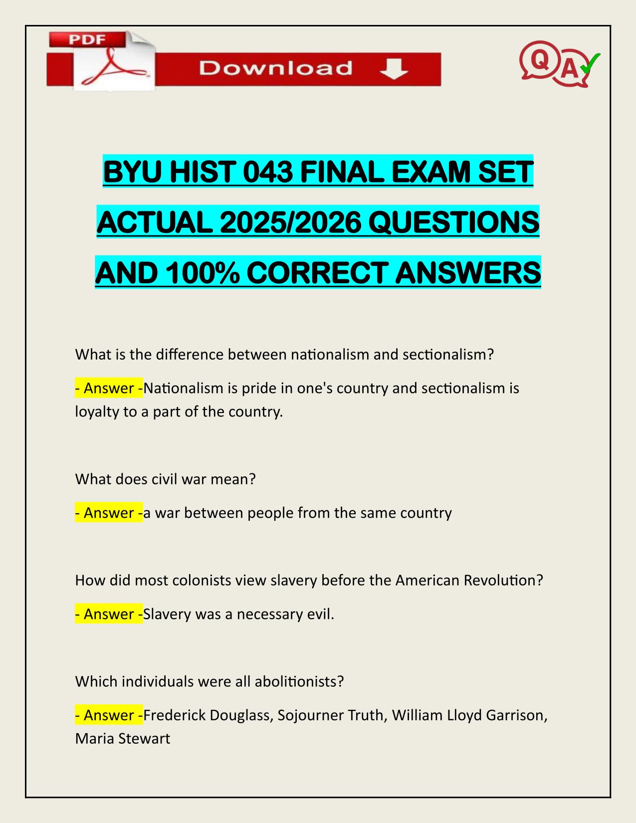 BYU HIST 043 FINAL EXAM SET ACTUAL 2025/2026 Q&A