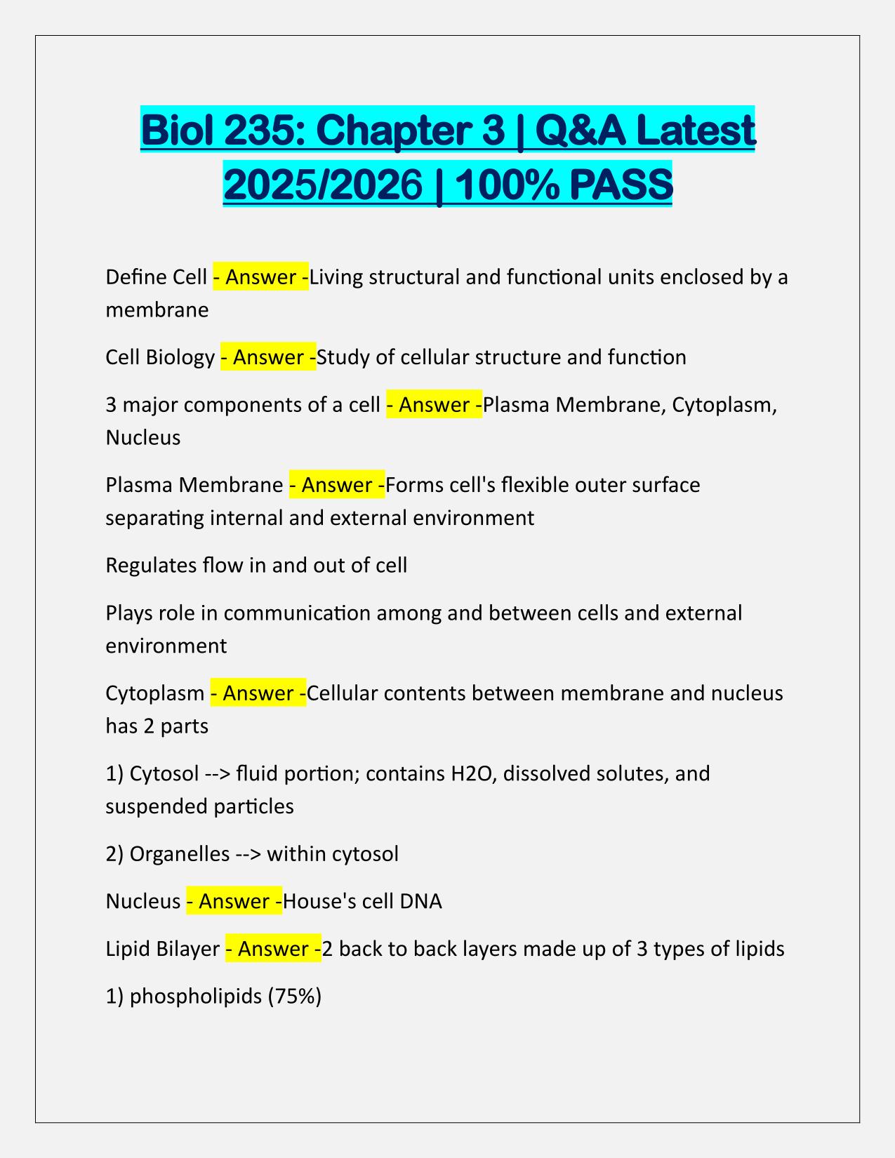 Biol 235 Chapter 3 Q&A Latest Update