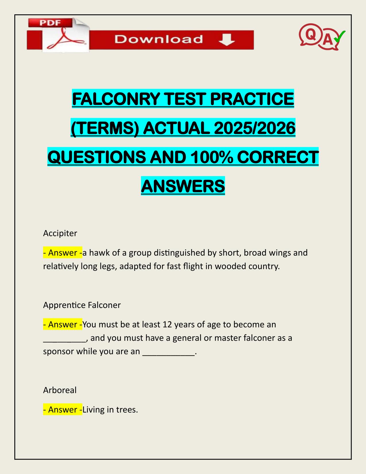 FALCONRY TEST PRACTICE (TERMS) ACTUAL 2025/2026 UPDATED