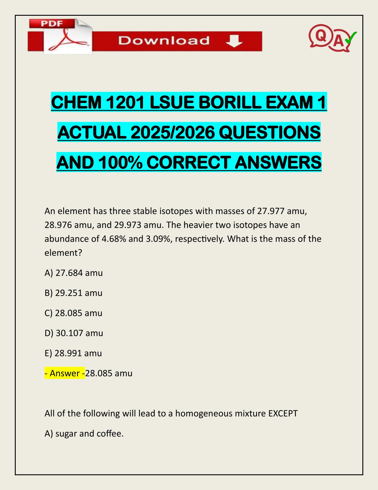 CHEM 1201 LSUE BORILL EXAM 1 ACTUAL 2025/2026 QUESTIONS AND 100% CORRECT ANSWERS