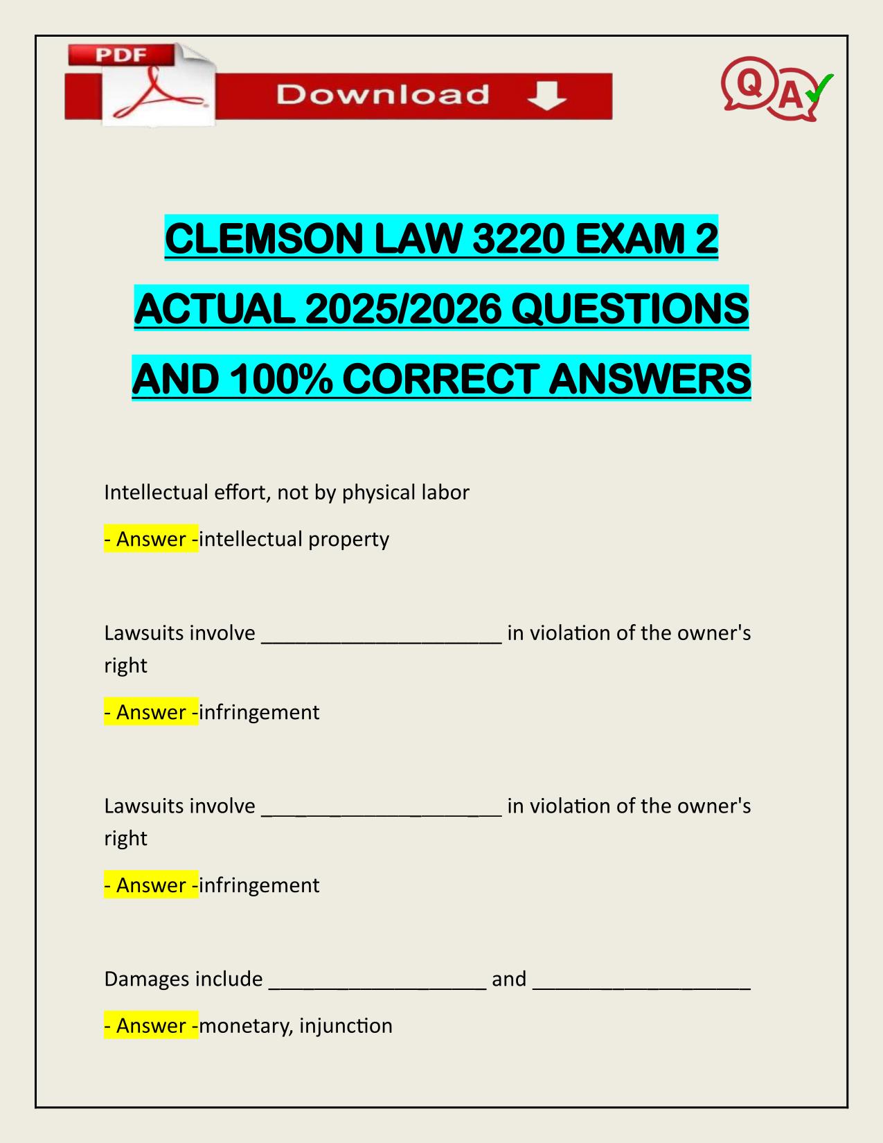 CLEMSON LAW 3220 EXAM 2 ACTUAL 2025/2026 UPDATED