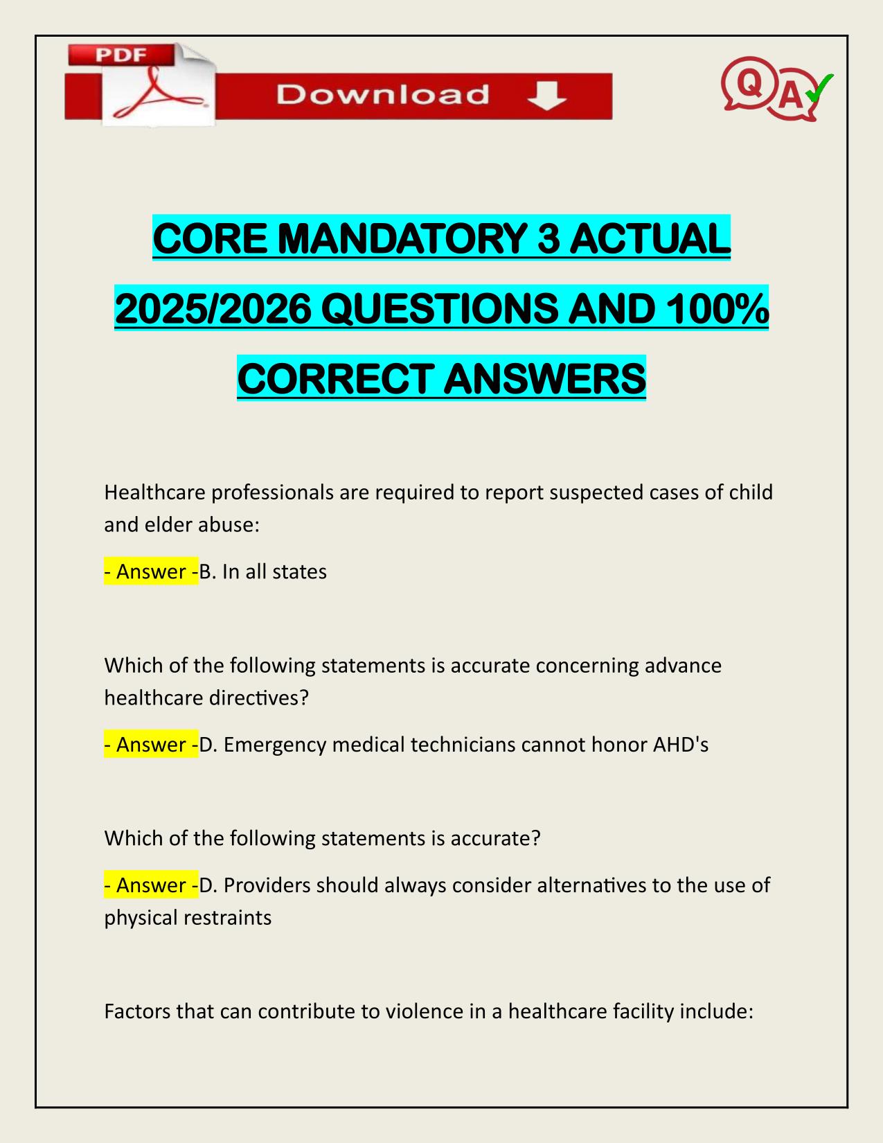 CORE MANDATORY 3 ACTUAL 2025/2026 Q&A 100% PASS