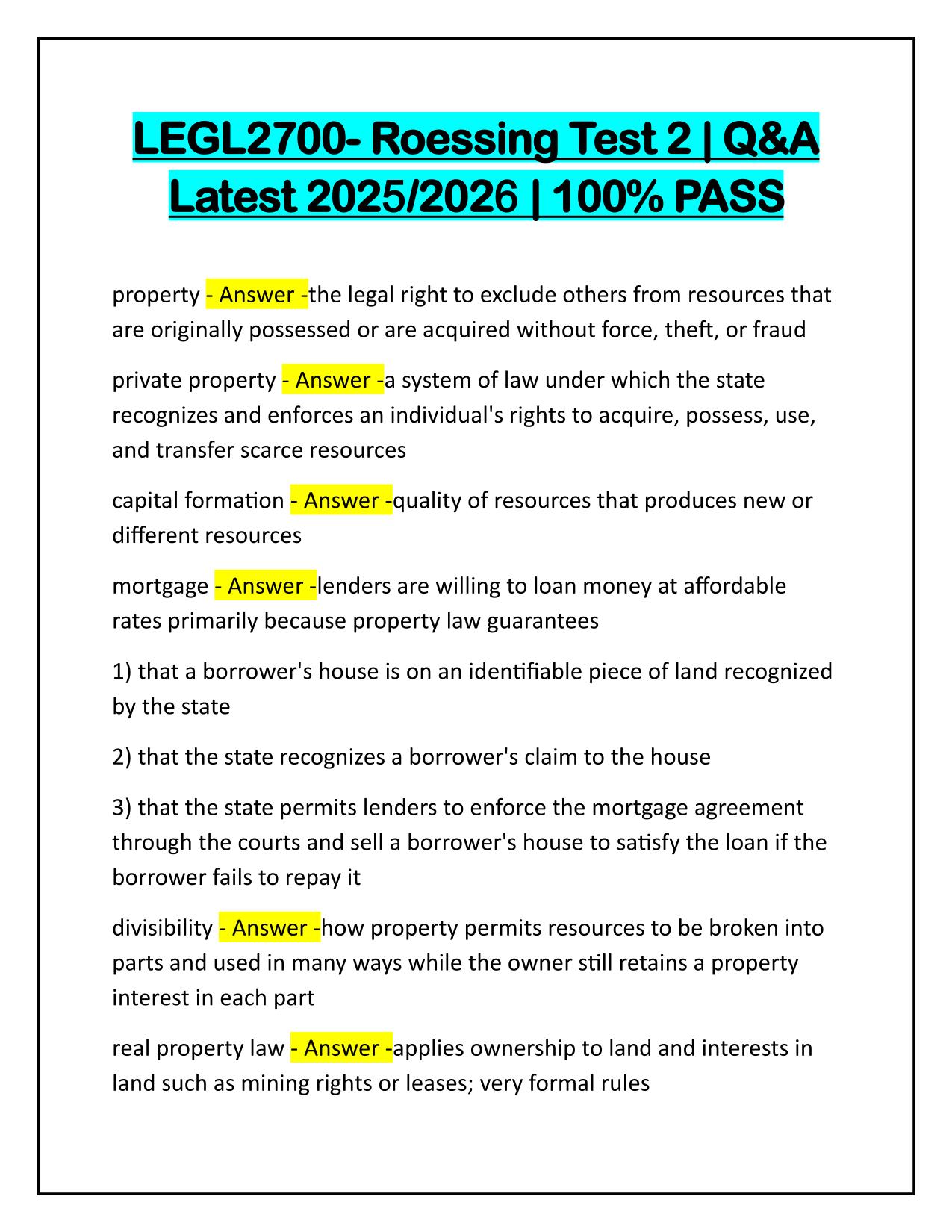 LEGL2700- Roessing Test 2 Q&A Latest Update 2025