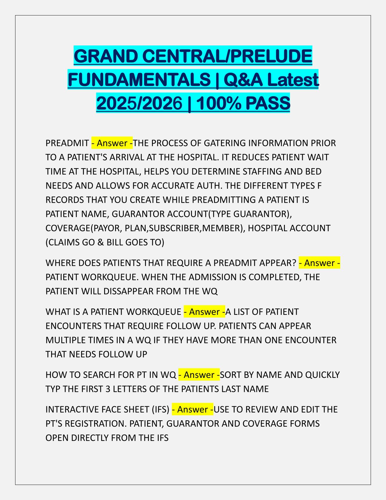 GRAND CENTRAL-PRELUDE FUNDAMENTALS EXAM Q&A Latest Update