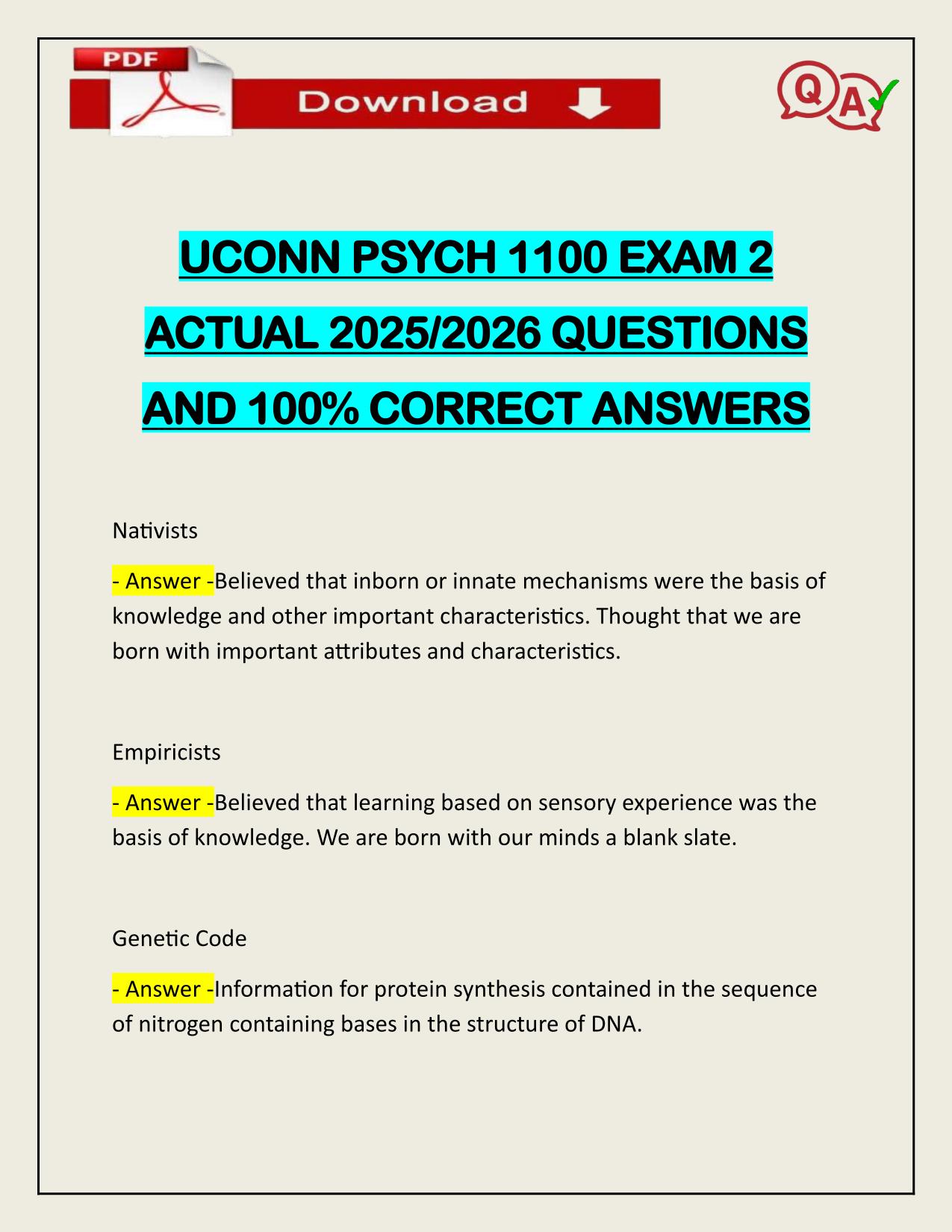 UCONN PSYCH 1100 EXAM 2 ACTUAL 2025/2026 CORRECTLY ANSWERED