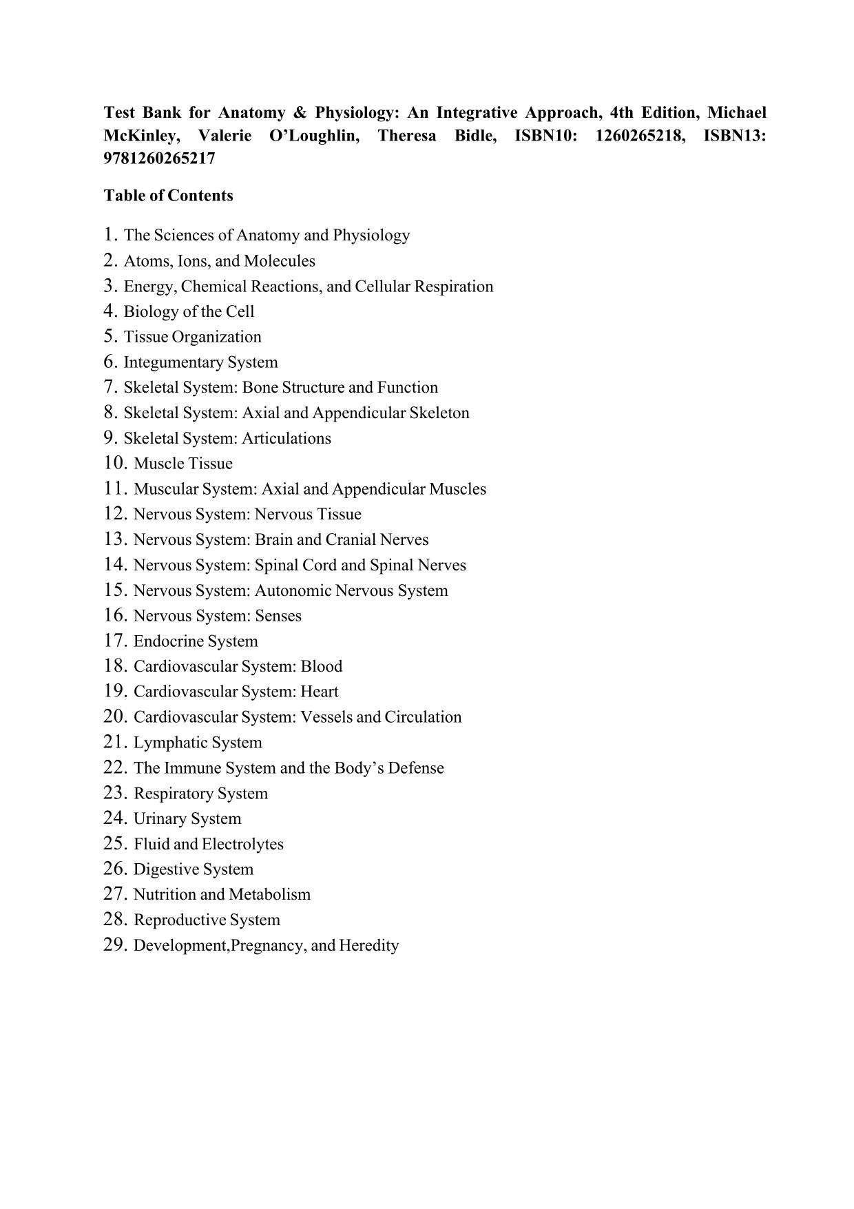 Test Bank for Anatomy and Physiology An Integrative Approach, 4th Edition, McKinley, ISBN10: 1260265218, ISBN13: 9781260265217