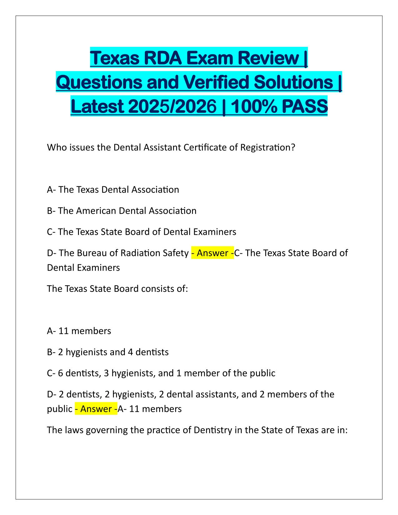 Texas RDA Exam Review Correctly Answered Latest Update