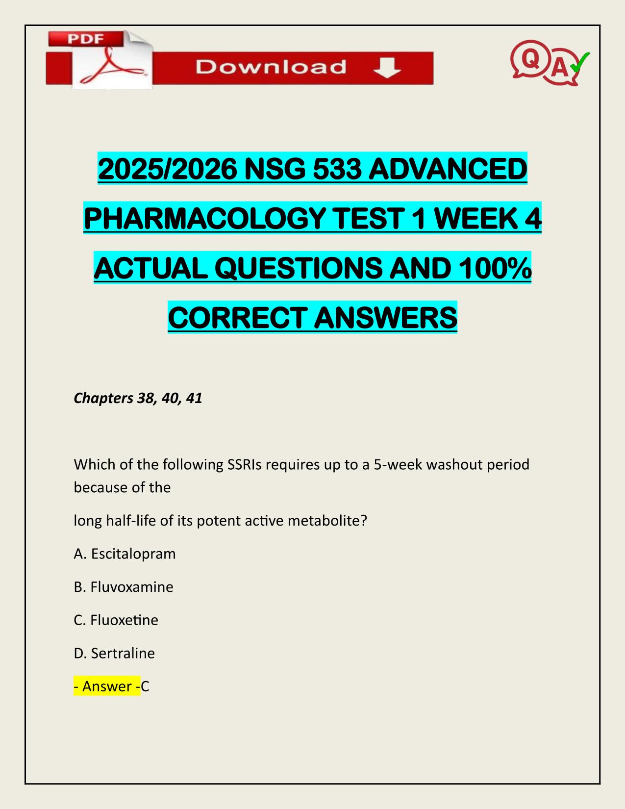 2025/2026 NSG 533 ADVANCED PHARMACOLOGY TEST 1 WEEK 4 ACTUAL Q&A
