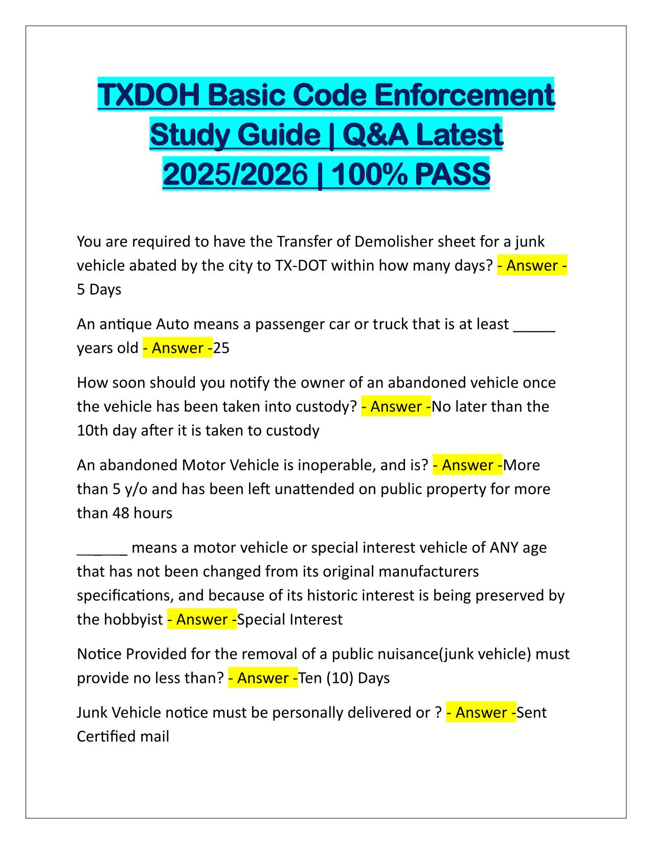 TXDOH Basic Code Enforcement Study Guide Q&A Latest Update