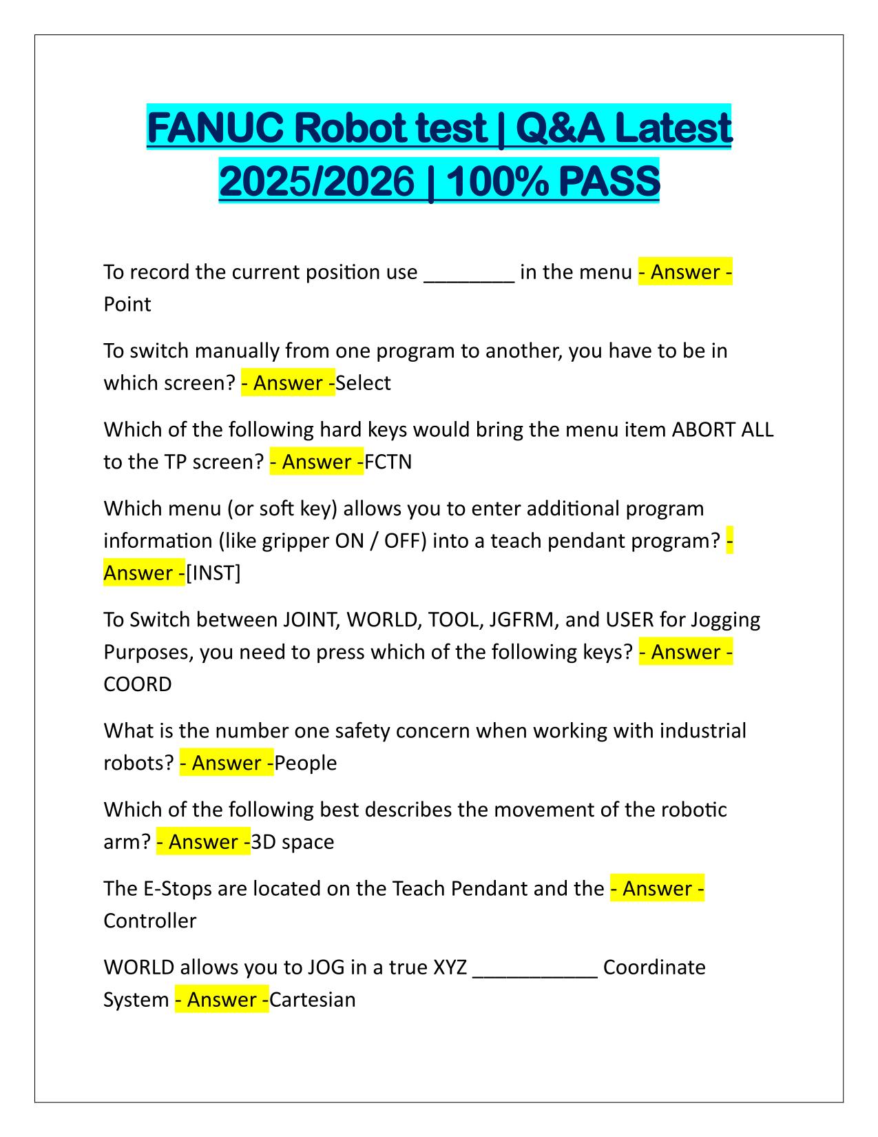 FANUC Robot test Q&A Latest Update