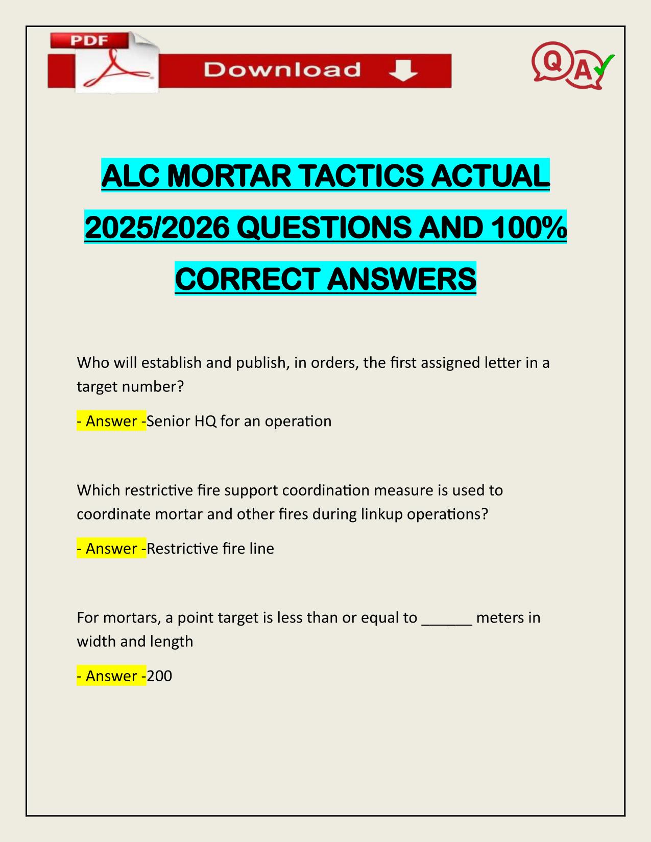 ALC MORTAR TACTICS ACTUAL 2025/2026 QUESTIONS AND 100% CORRECT ANSWERS