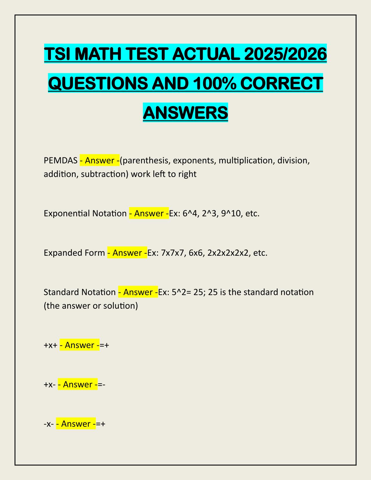 TSI MATH TEST ACTUAL 2025/2026 QUESTIONS AND 100% CORRECT ANSWERS