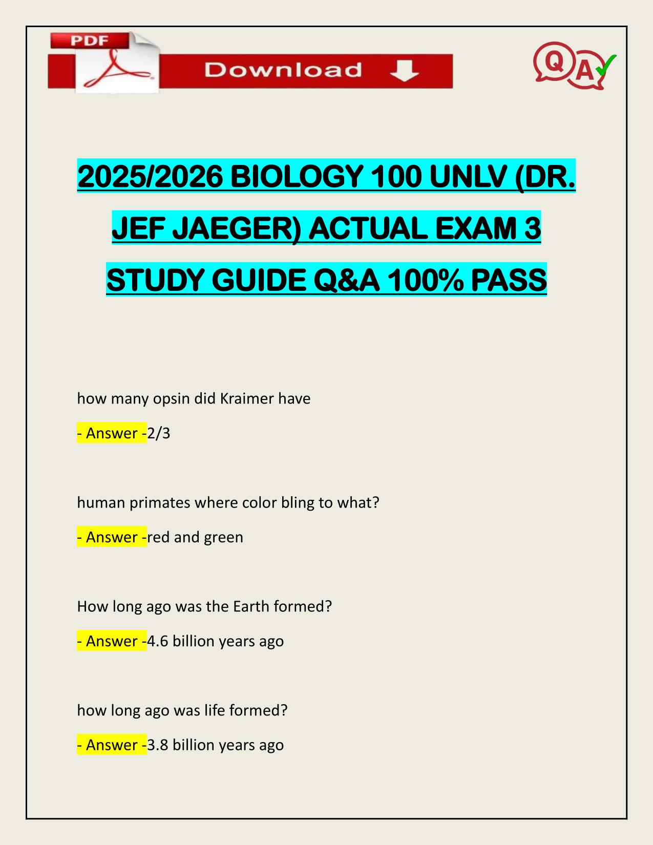 2025/2026 BIOLOGY 100 UNLV (DR. JEF JAEGER) ACTUAL EXAM 3 STUDY GUIDE Q&A 100% PASS