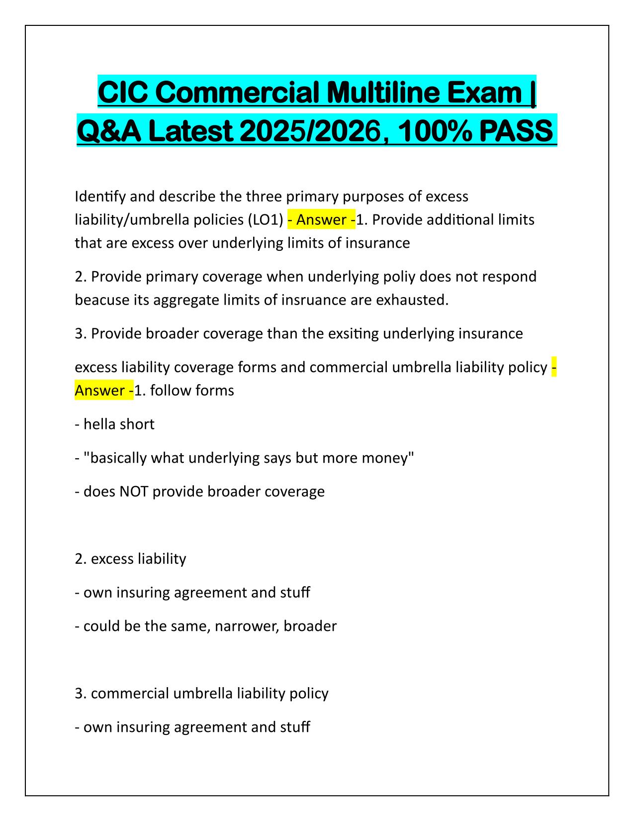 Bundle for CIC Agency, CIC Commercial EXAMS Q&A Latest Update 2025-2026