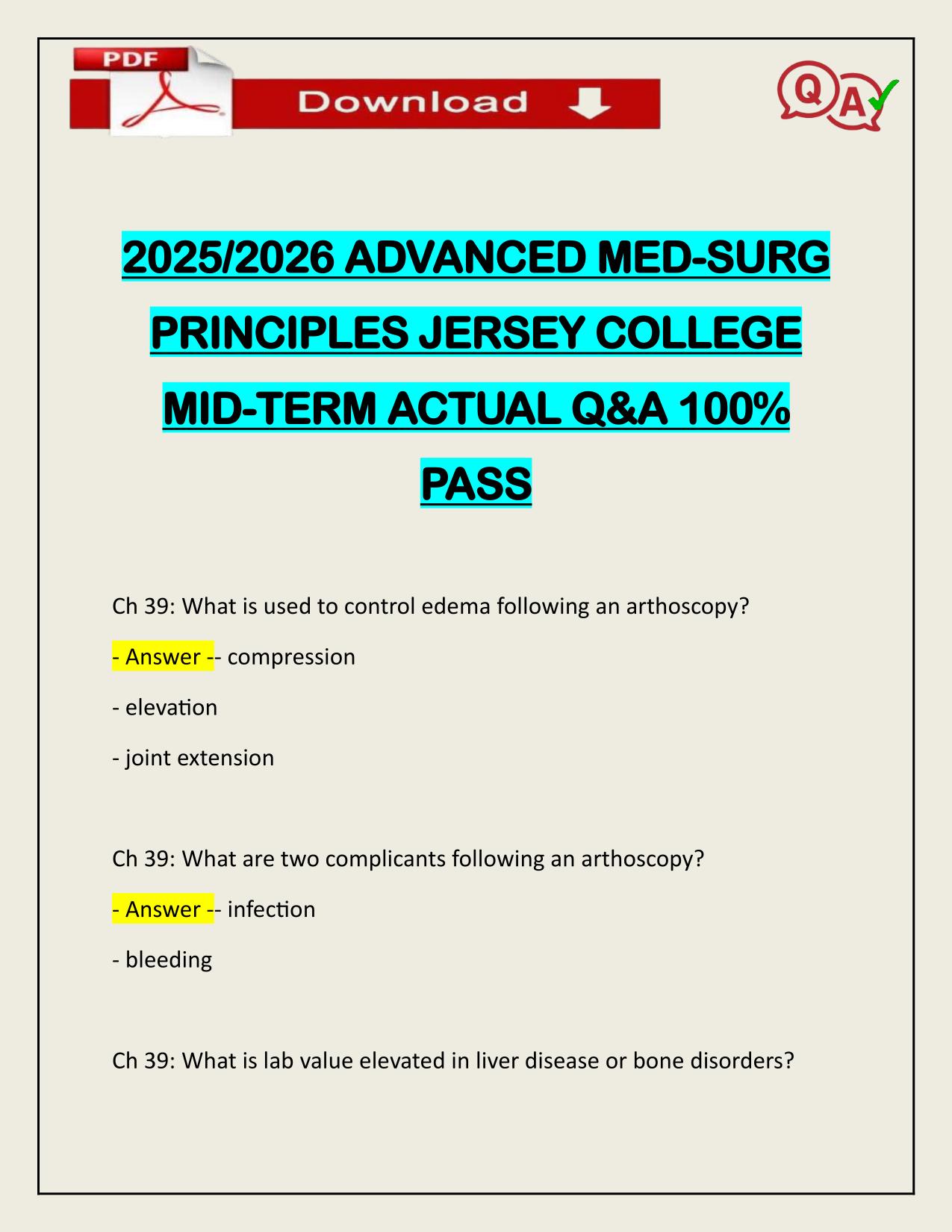 2025/2026 ADVANCED MED-SURG PRINCIPLES JERSEY COLLEGE MID-TERM ACTUAL Q&A 100% PASS
