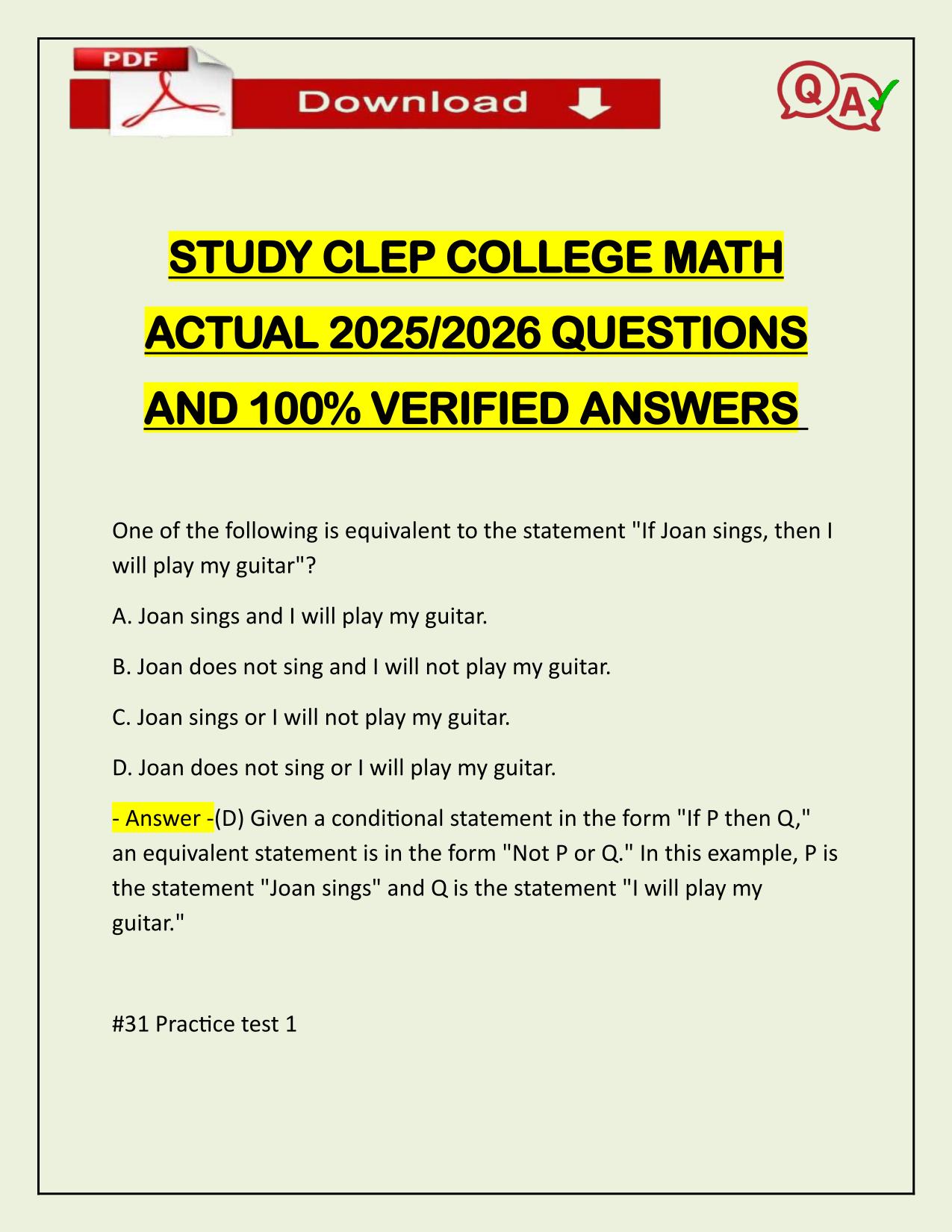 STUDY CLEP COLLEGE MATH ACTUAL 2025/2026 QUESTIONS AND 100% VERIFIED ANSWERS
