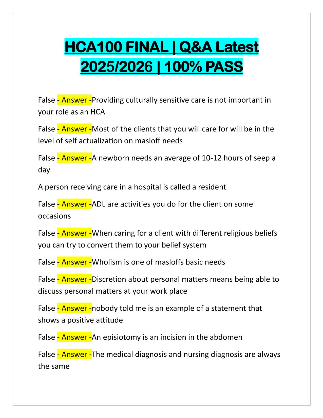 HCA100 FINAL Q&A Latest Update